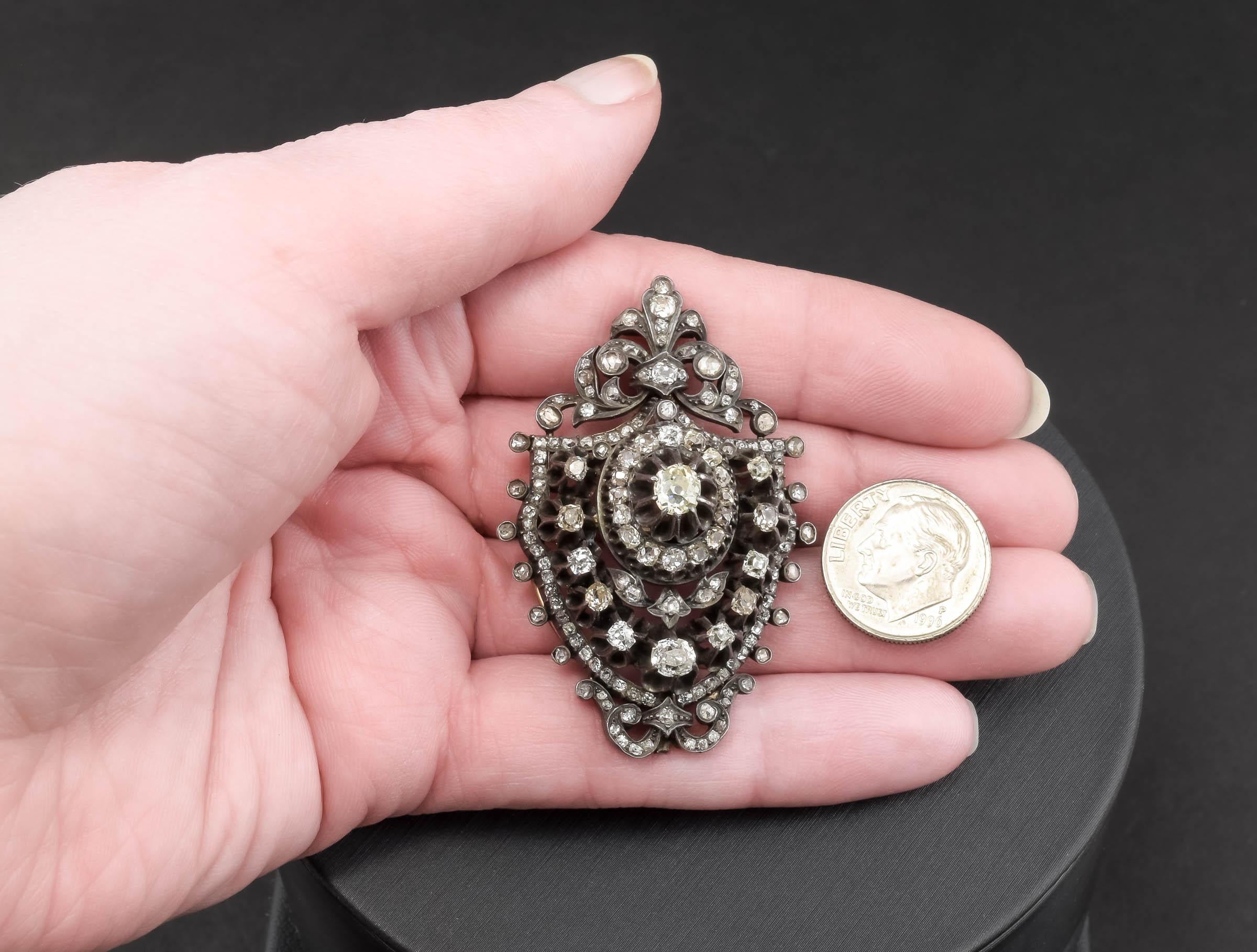 Early Victorian Antique Diamond Pendant Brooch with Old Mine & Rose Cut, Approx 3.60 Ctw