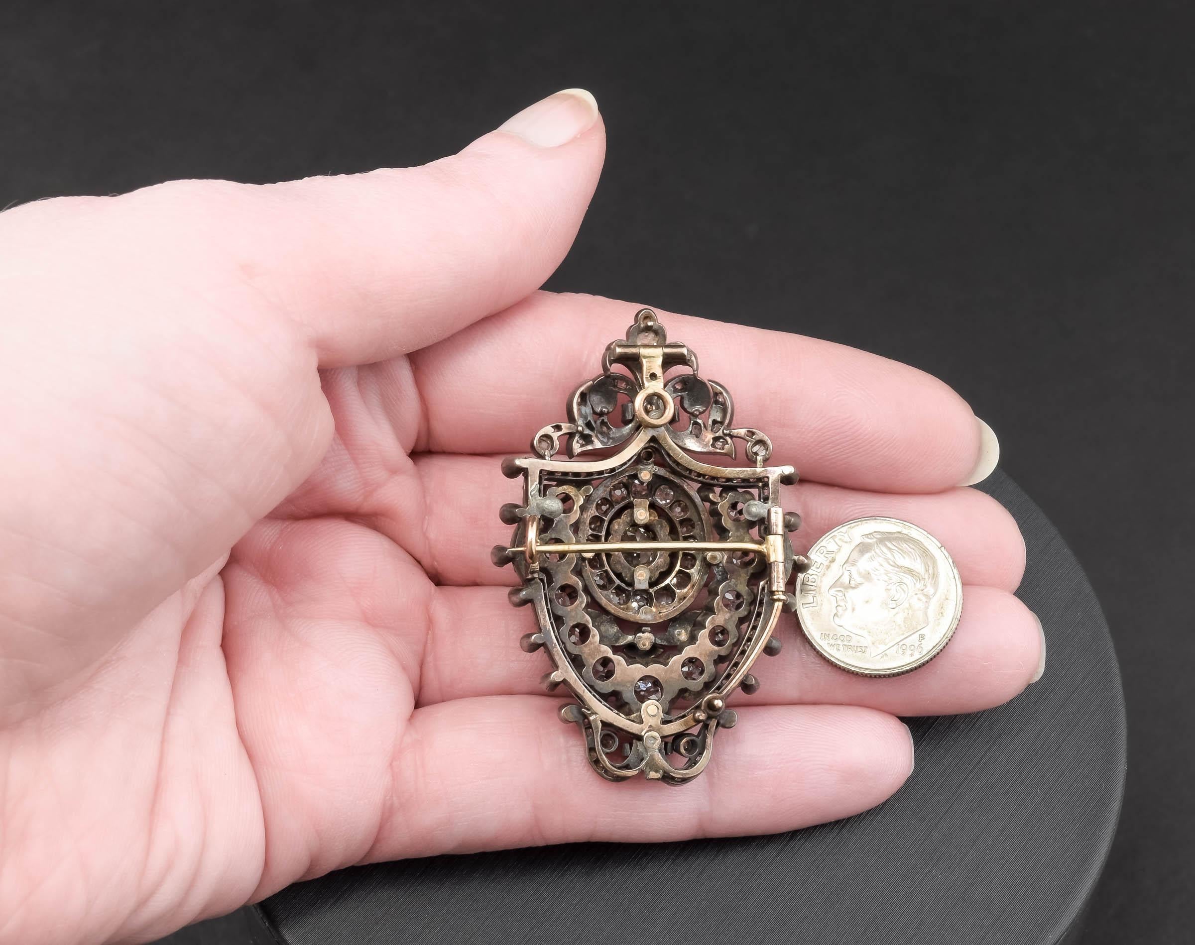 Old Mine Cut Antique Diamond Pendant Brooch with Old Mine & Rose Cut, Approx 3.60 Ctw
