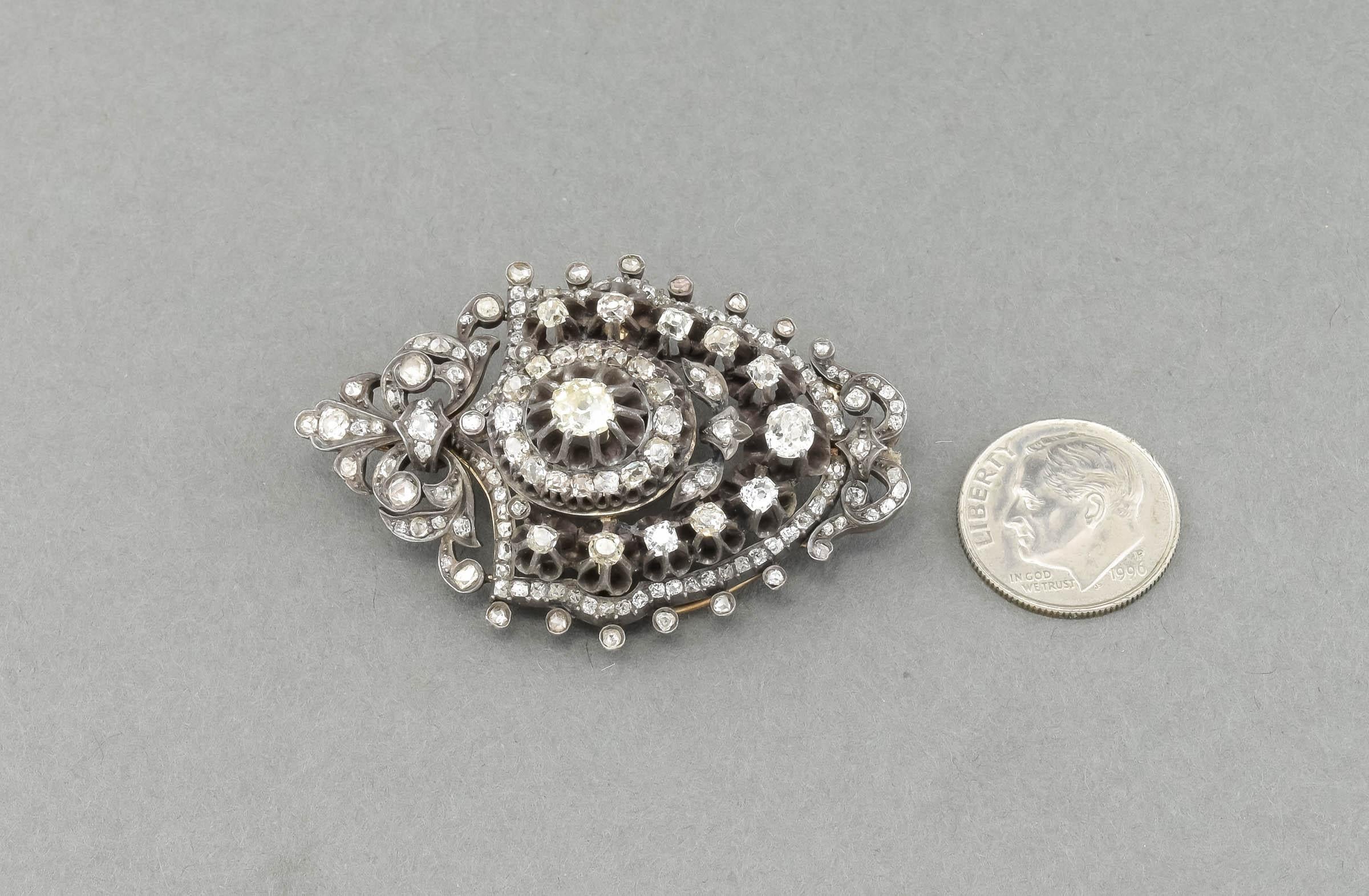 Antique Diamond Pendant Brooch with Old Mine & Rose Cut, Approx 3.60 Ctw In Good Condition In Danvers, MA