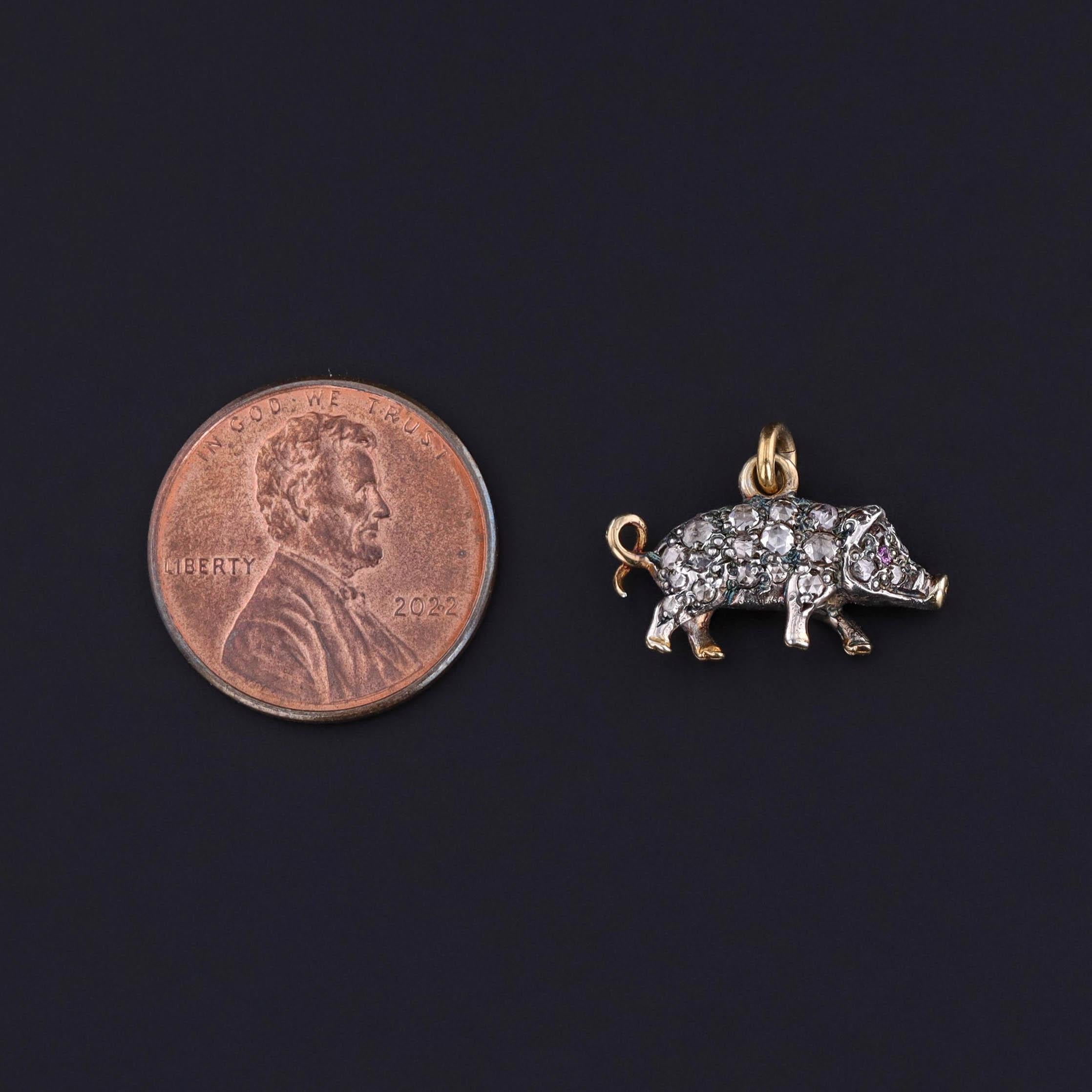 1900 Diamond & Ruby Pig Charm in Silver with 14k Gold Accents

A delightful turn-of-the-century charm—imbued with whimsy, fine materials, and symbolic charm. Dating to circa 1900, this antique figural charm features a well-modeled pig rendered in