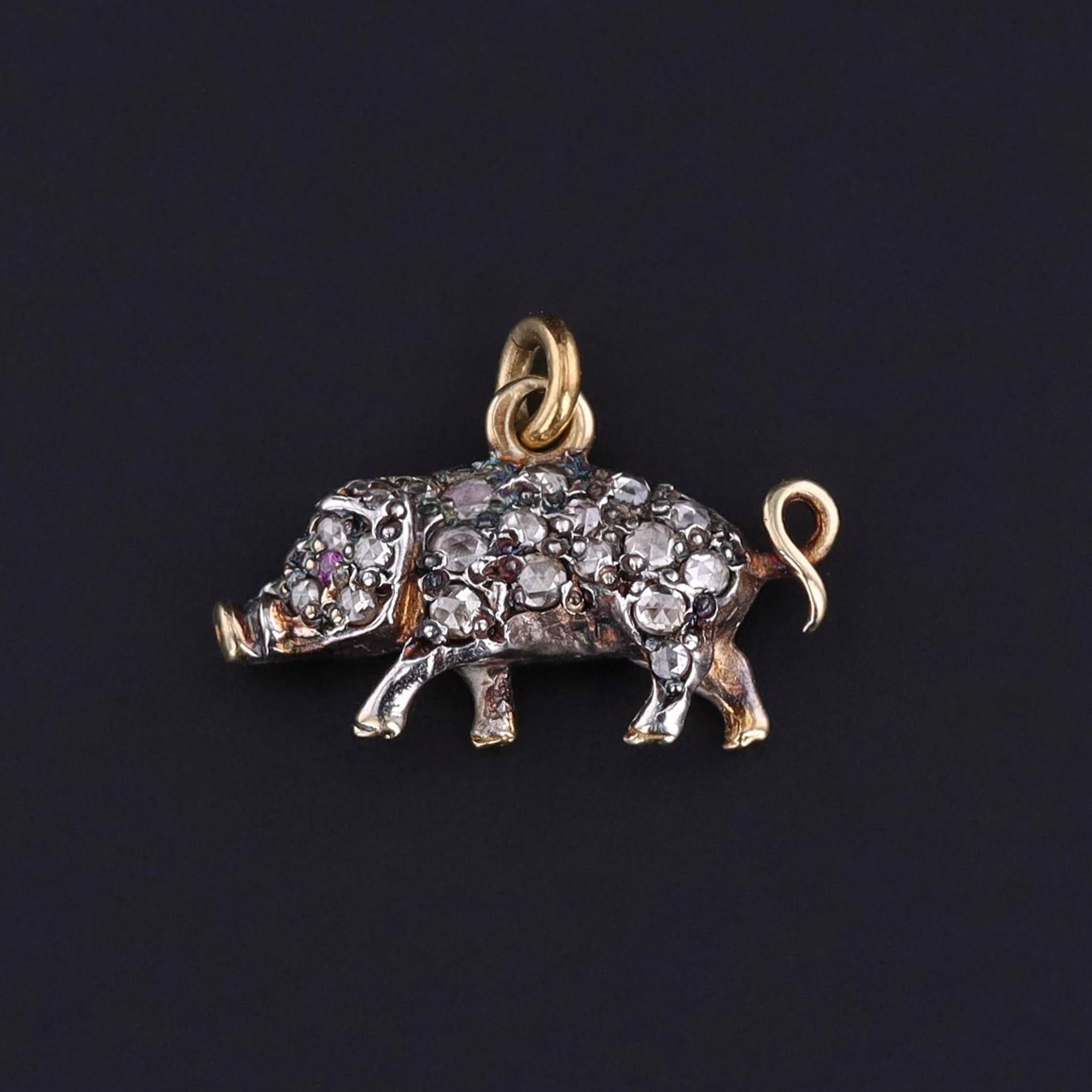 Edwardian Antique Diamond Pig Charm of 14k Gold & Silver For Sale
