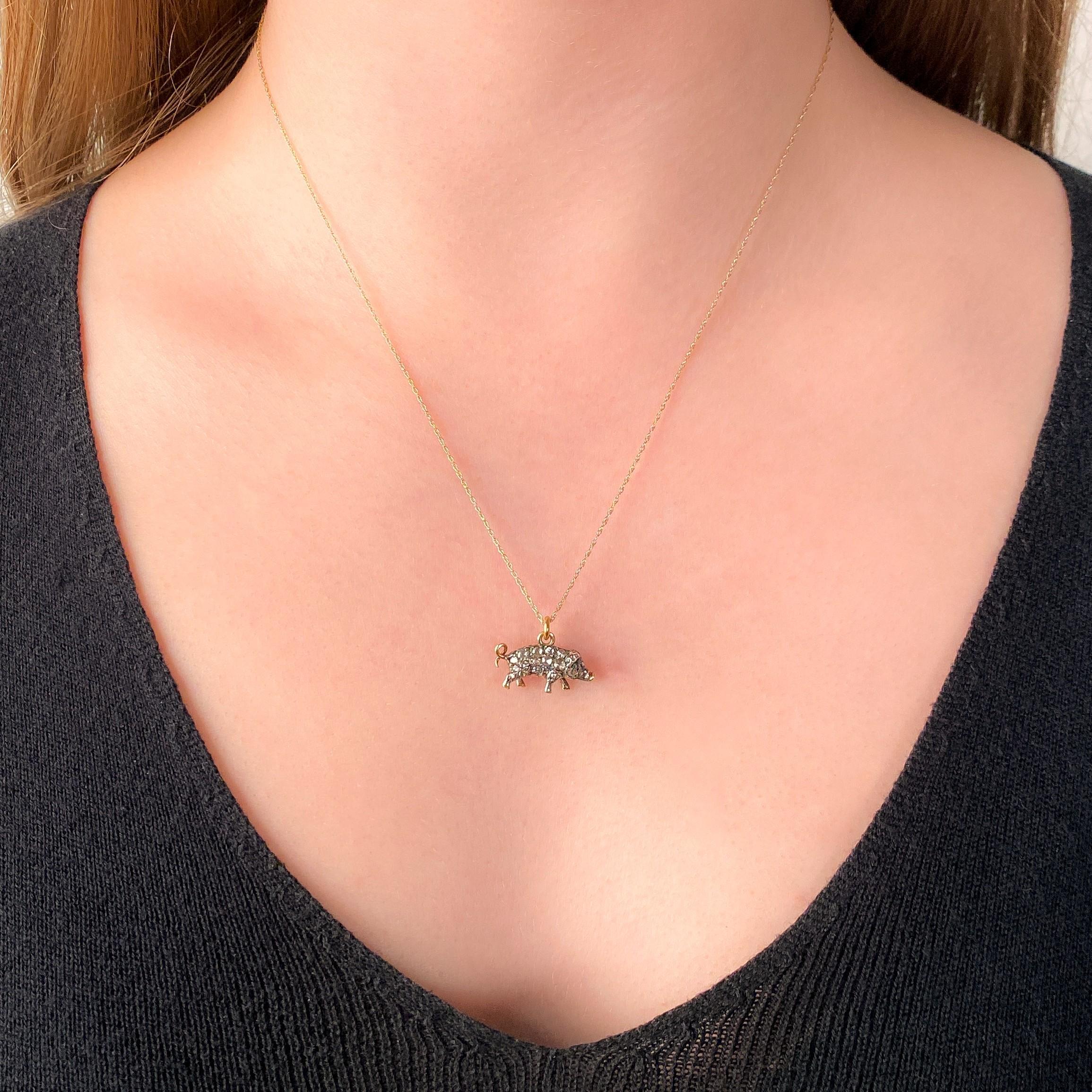 Rose Cut Antique Diamond Pig Charm of 14k Gold & Silver For Sale