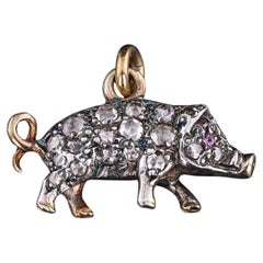 Antique Diamond Pig Charm of 14k Gold & Silver