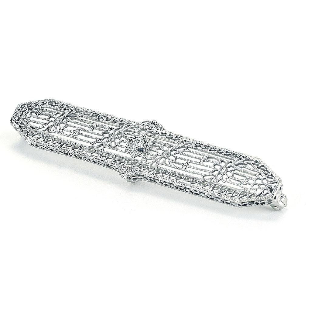 Art Deco Antique Diamond Pin with Filigree Detail in Platinum For Sale