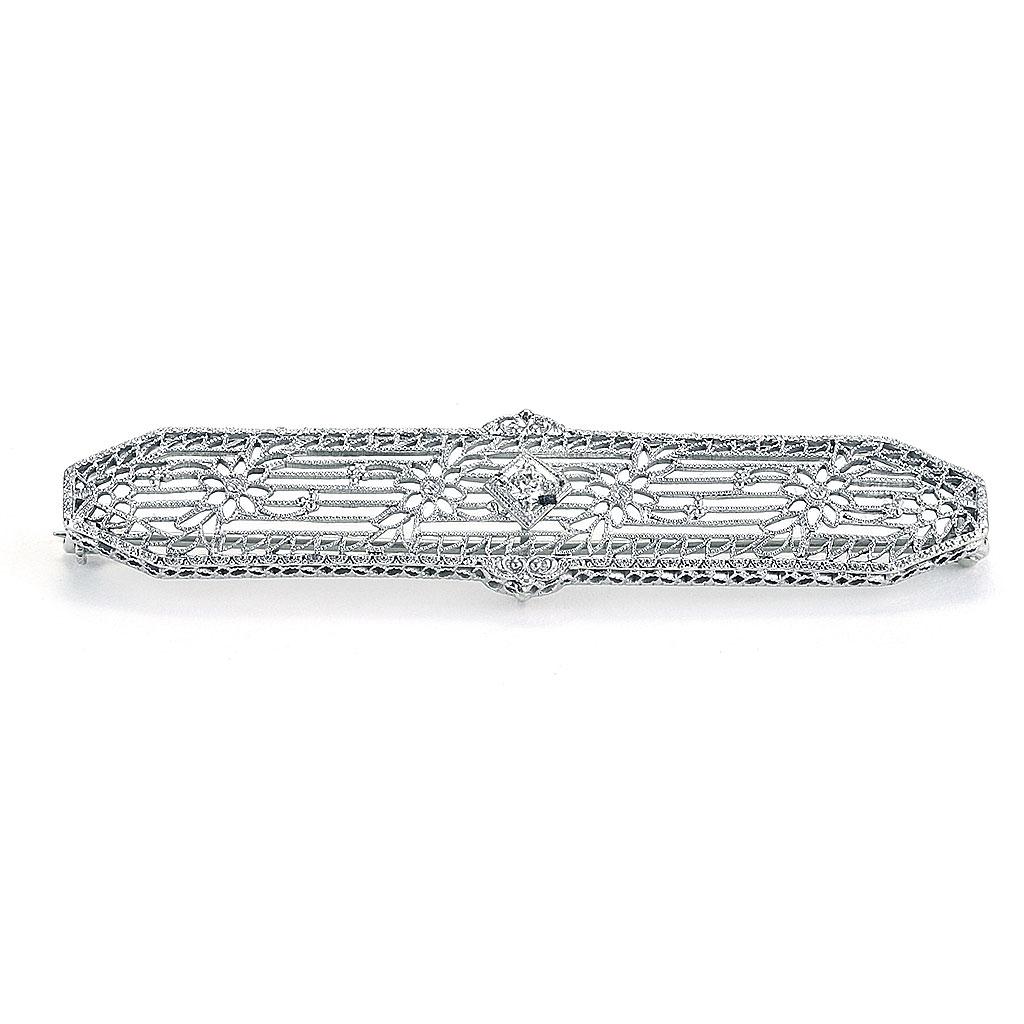 Round Cut Antique Diamond Pin with Filigree Detail in Platinum For Sale