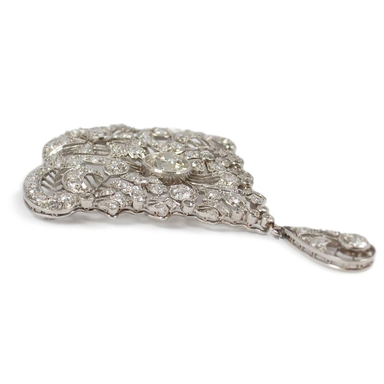 Old European Cut Antique Diamond Art Deco Pin with Round Brilliants and Floral Details