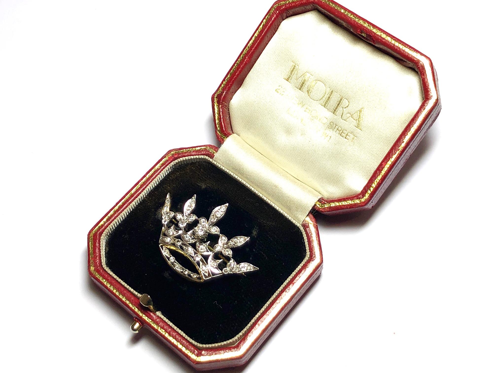 Old European Cut Antique Diamond, Platinum And Gold Crown Brooch, Circa 1915 For Sale