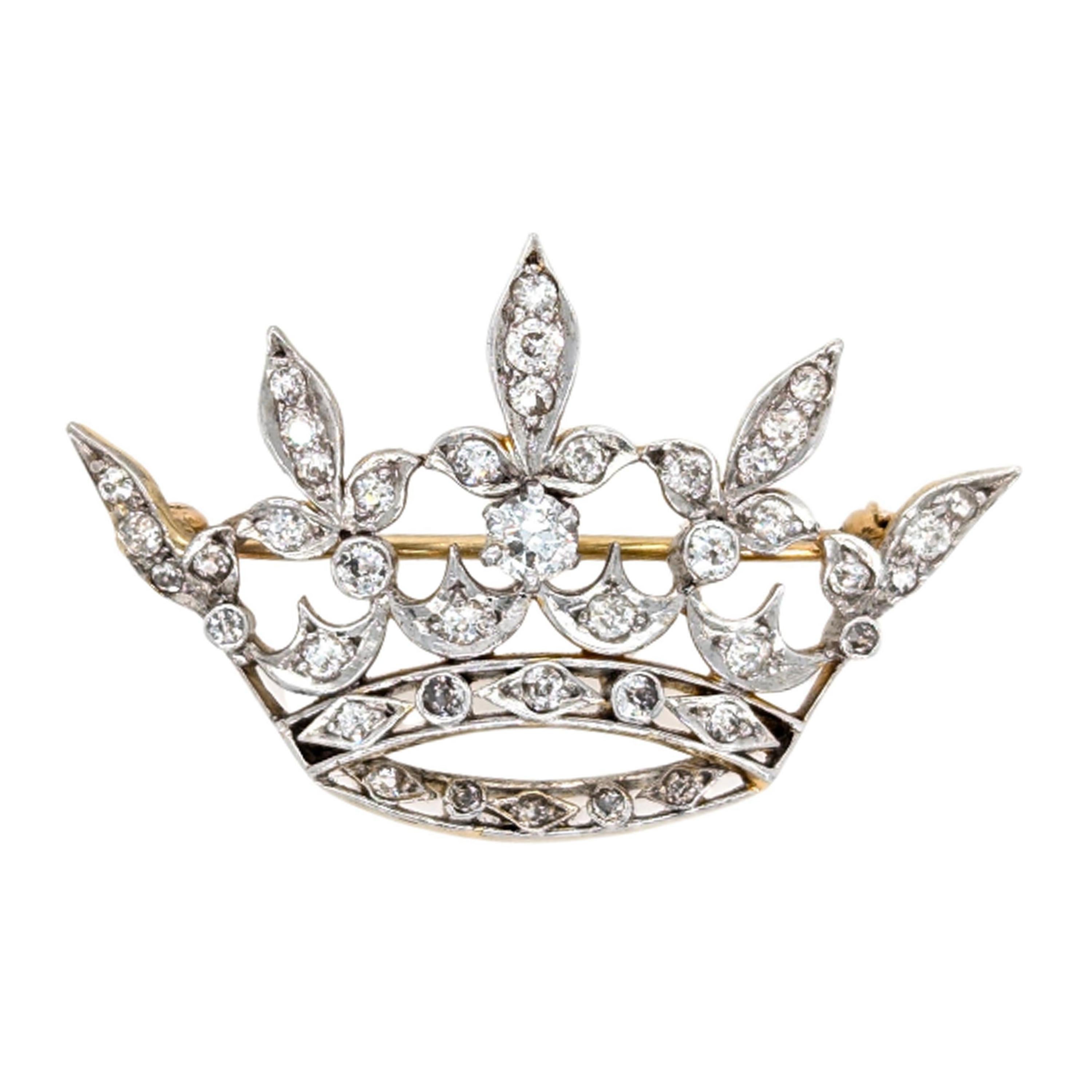 Old European Cut Edwardian Diamond Platinum and Gold Crown Brooch, Circa 1915 For Sale