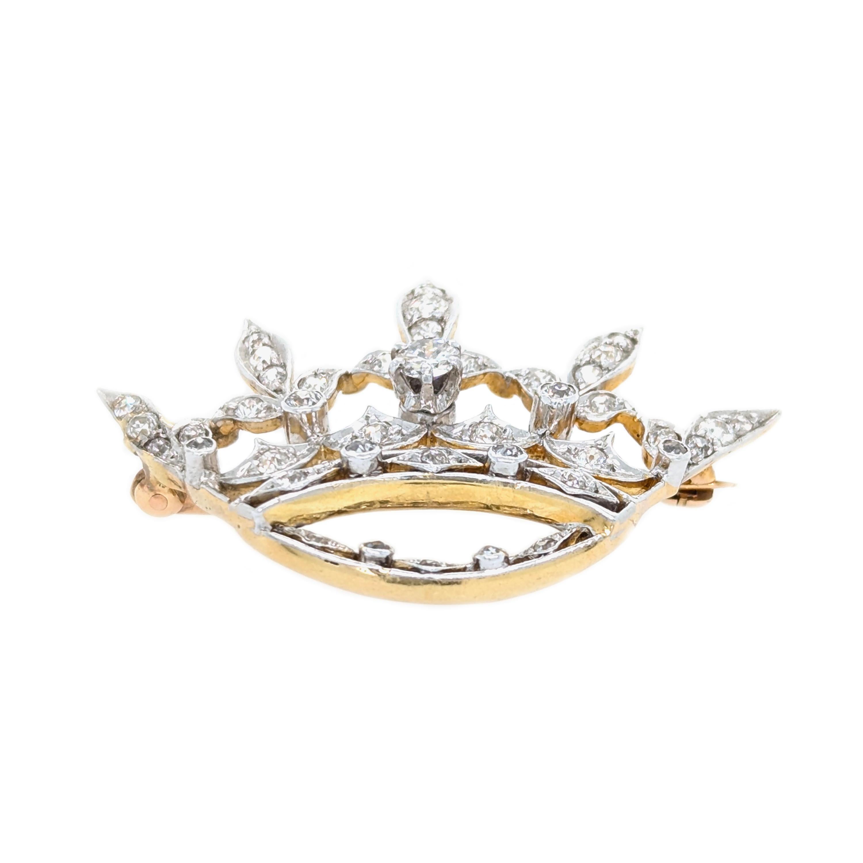 Women's or Men's Edwardian Diamond Platinum and Gold Crown Brooch, Circa 1915 For Sale