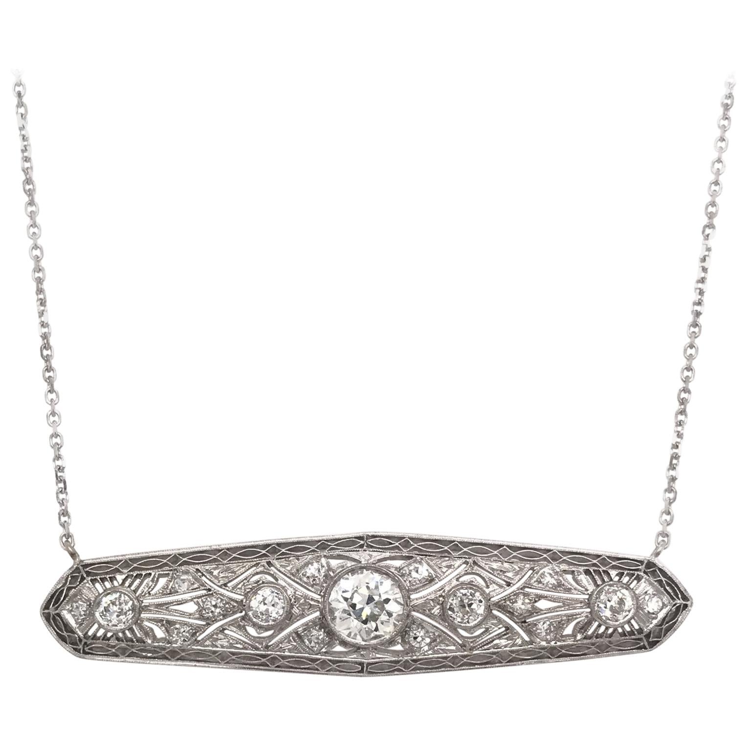 Antique Diamond Platinum and White Gold Filigree Bar Necklace