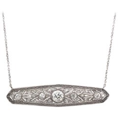 Antique Diamond Platinum and White Gold Filigree Bar Necklace