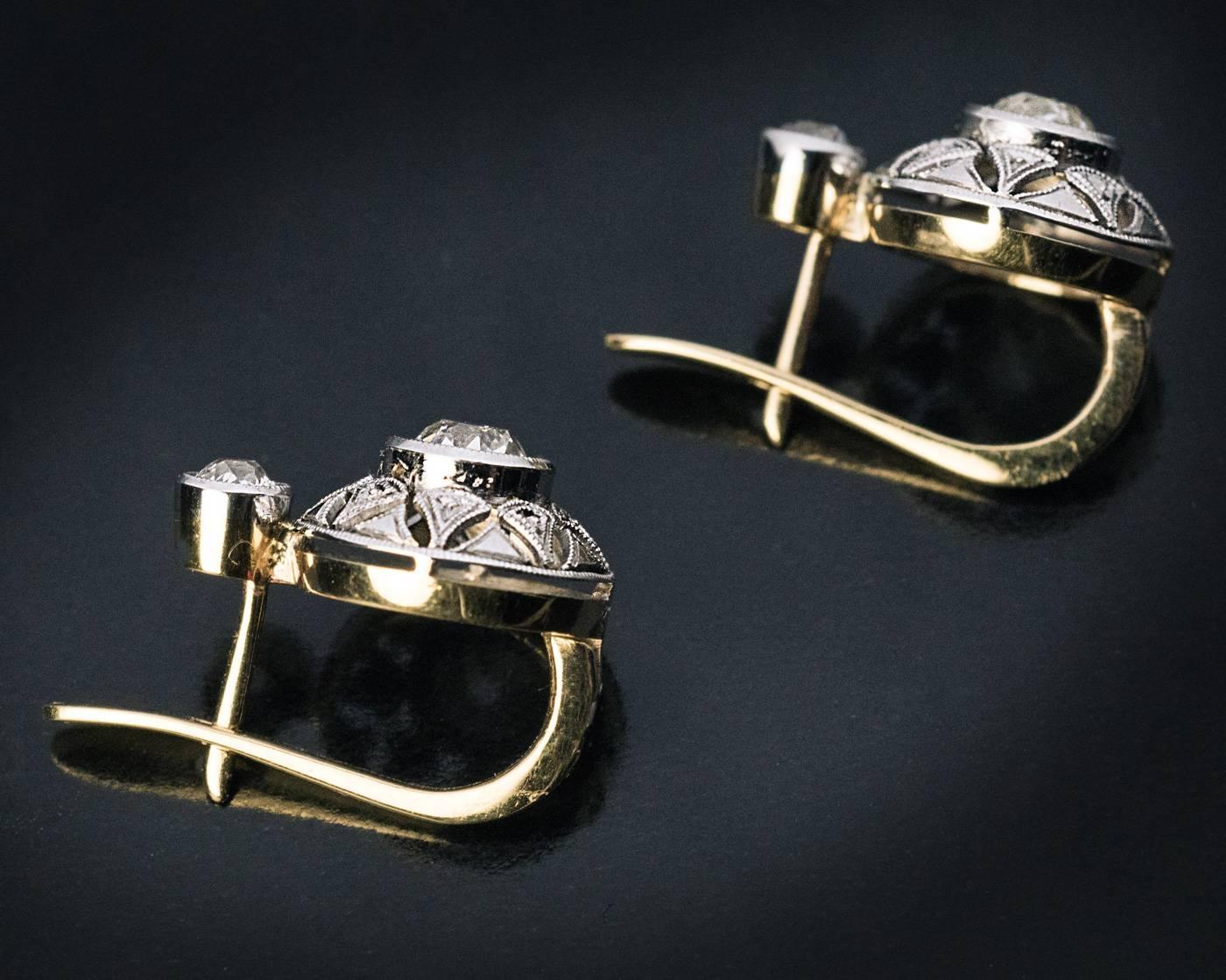 Antike Diamant-Platin-Gold-Ohrringe mit durchbrochenen Diamanten (Art déco) im Angebot