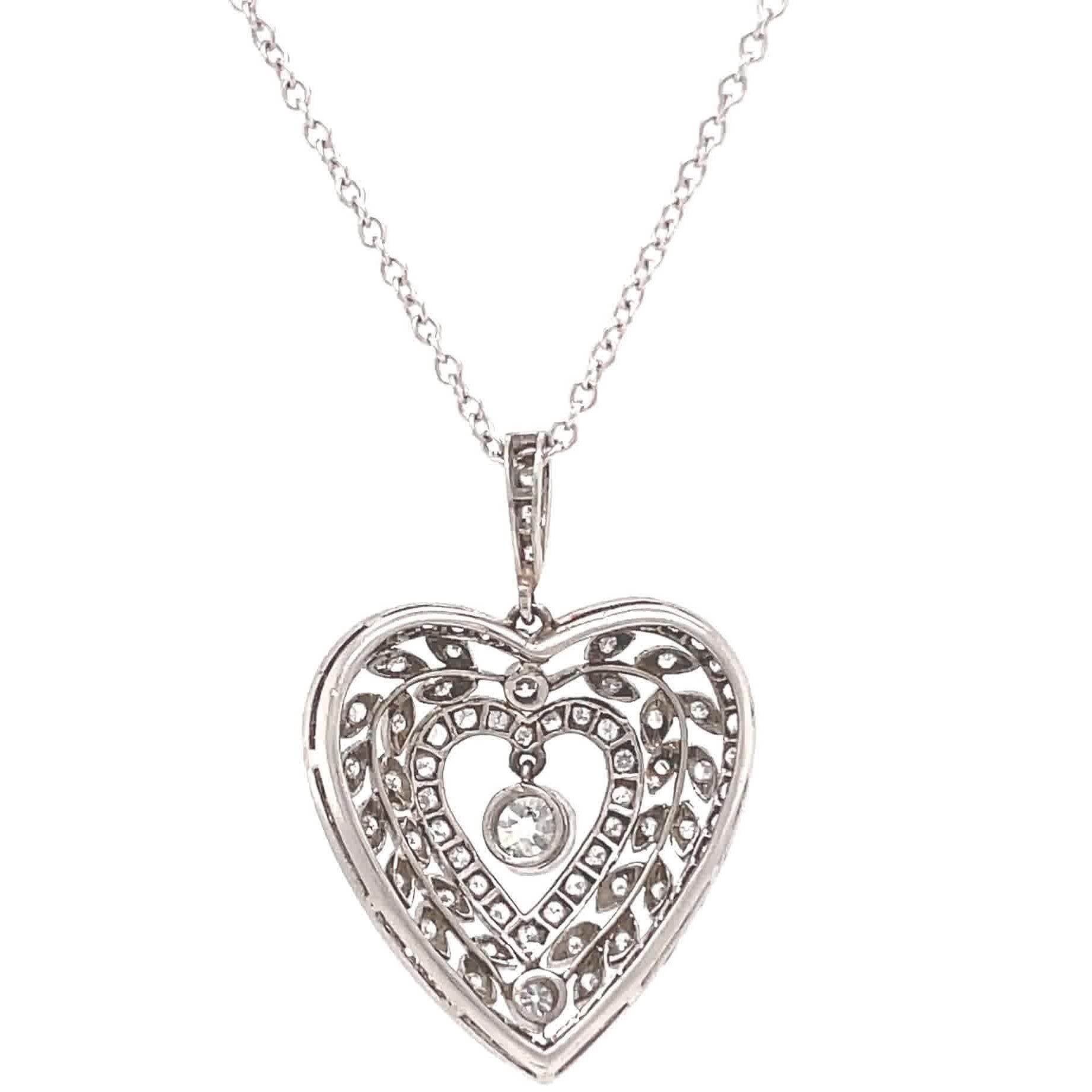 Antique Diamond Platinum Heart Pendant In Excellent Condition In Beverly Hills, CA