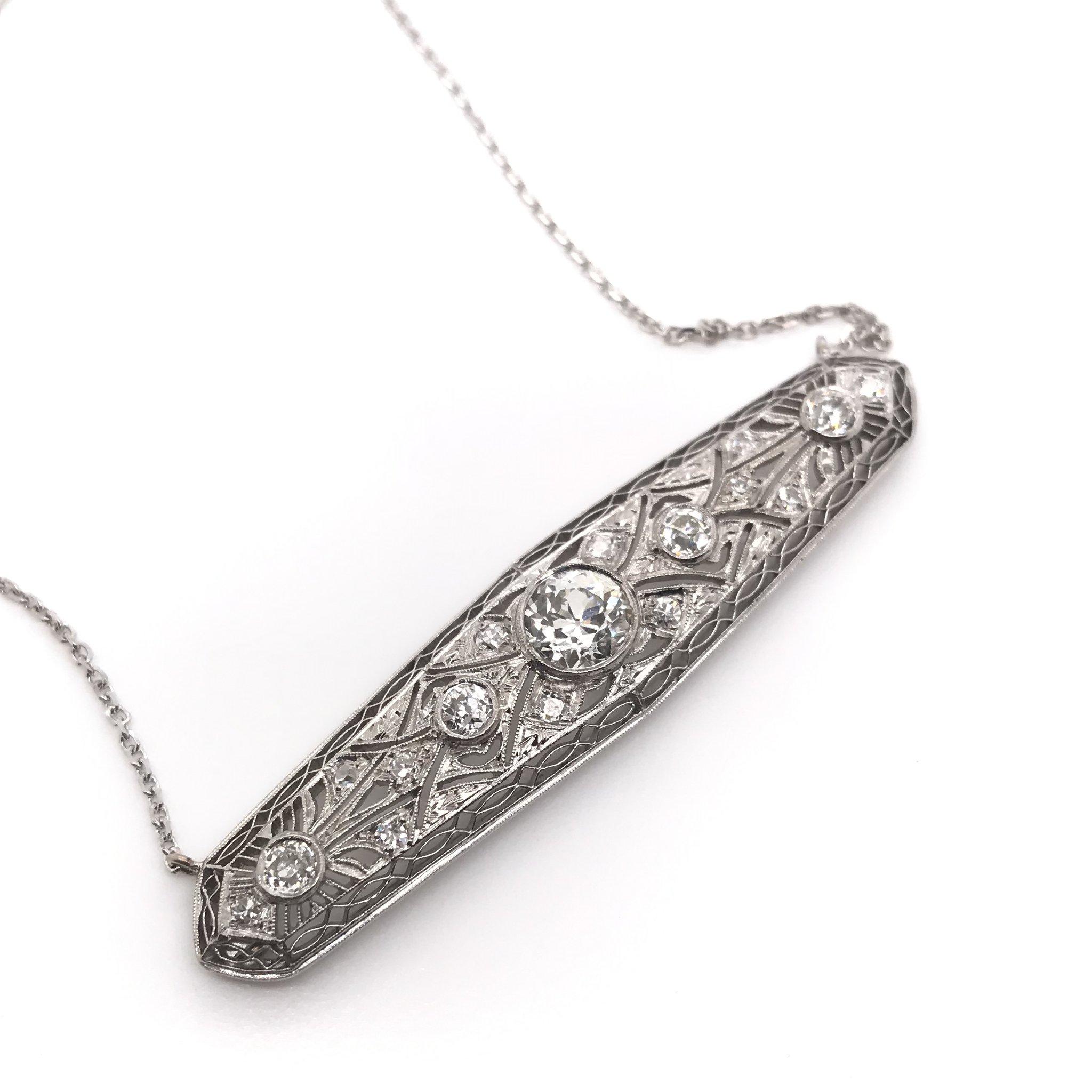 Art Deco Antique Diamond Platinum and White Gold Filigree Bar Necklace