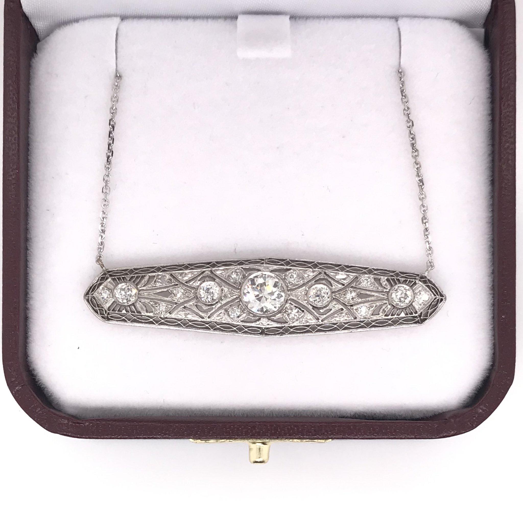 Old European Cut Antique Diamond Platinum and White Gold Filigree Bar Necklace
