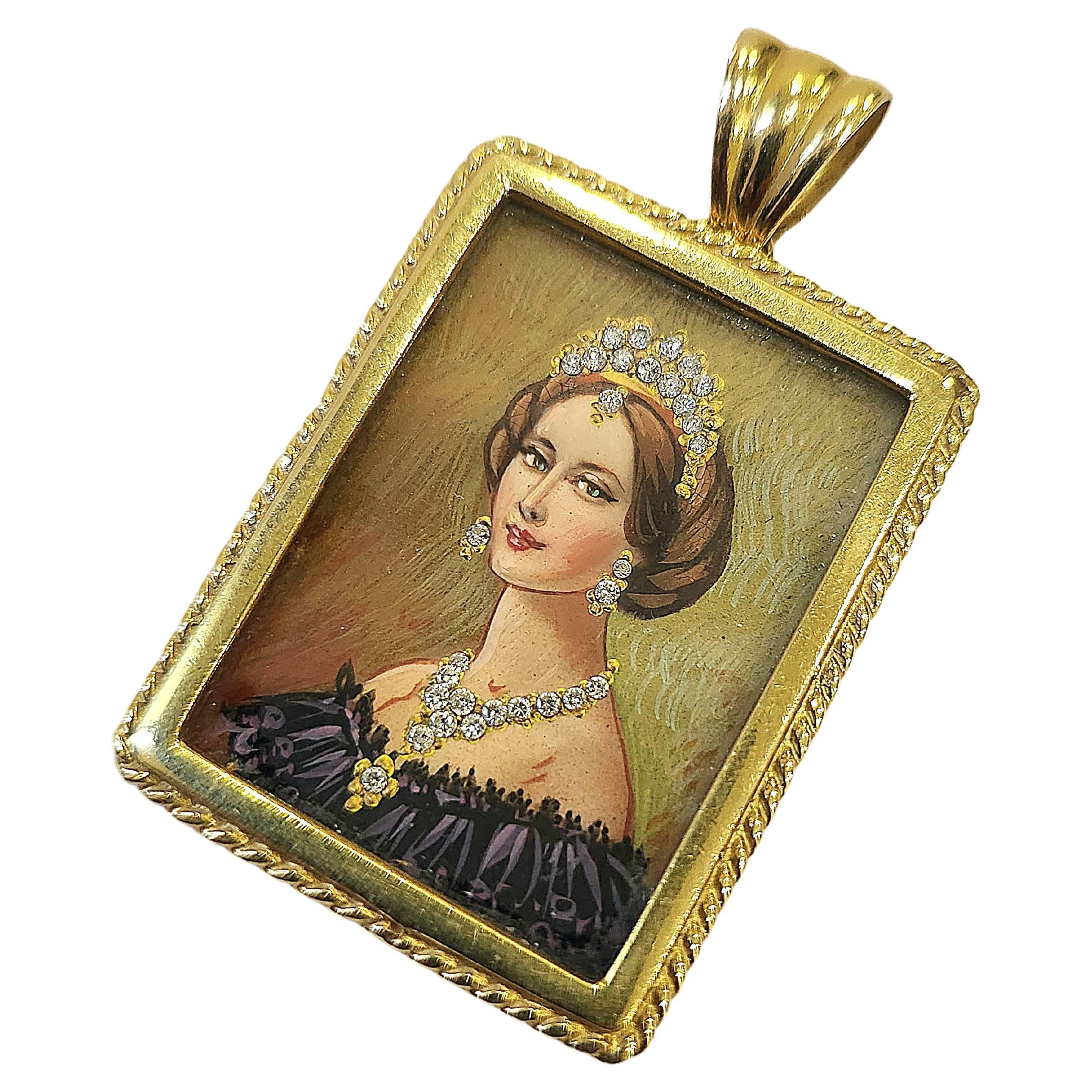 Antique unuswal gold pendant in woman portrait decortated with real diamond necklace and crown with an estemate weight 0.50 carats hall marked 750 gold standard and italy hall mark and makers mark 
