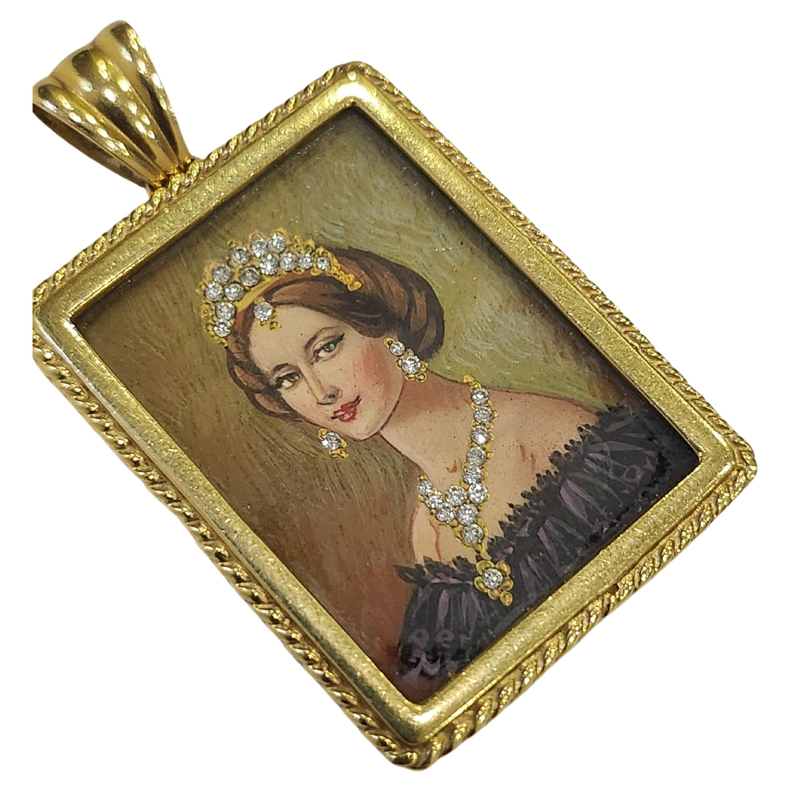 Women's Antique Diamond Portrait Gold Pendant For Sale
