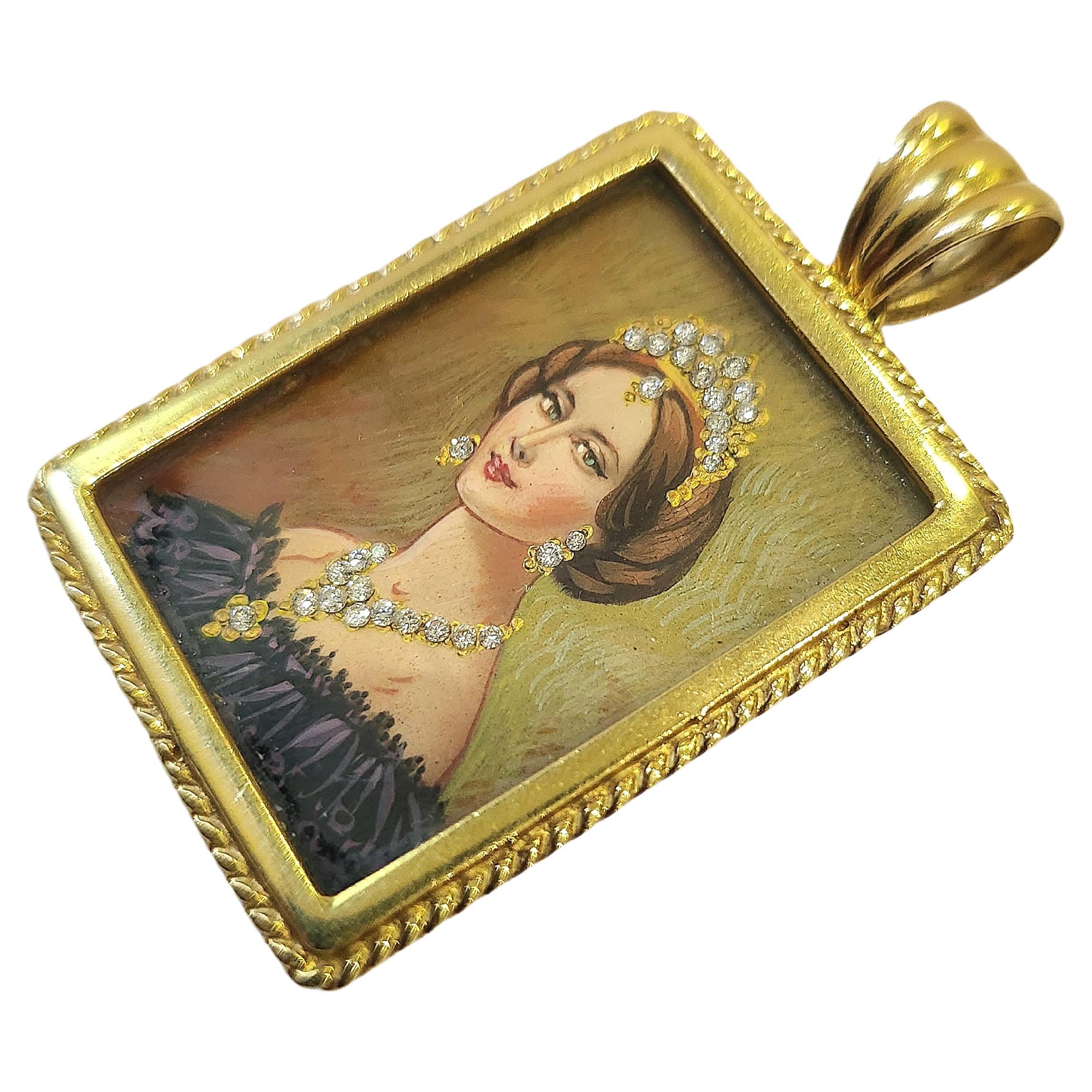 Antique Diamond Portrait Gold Pendant For Sale 2