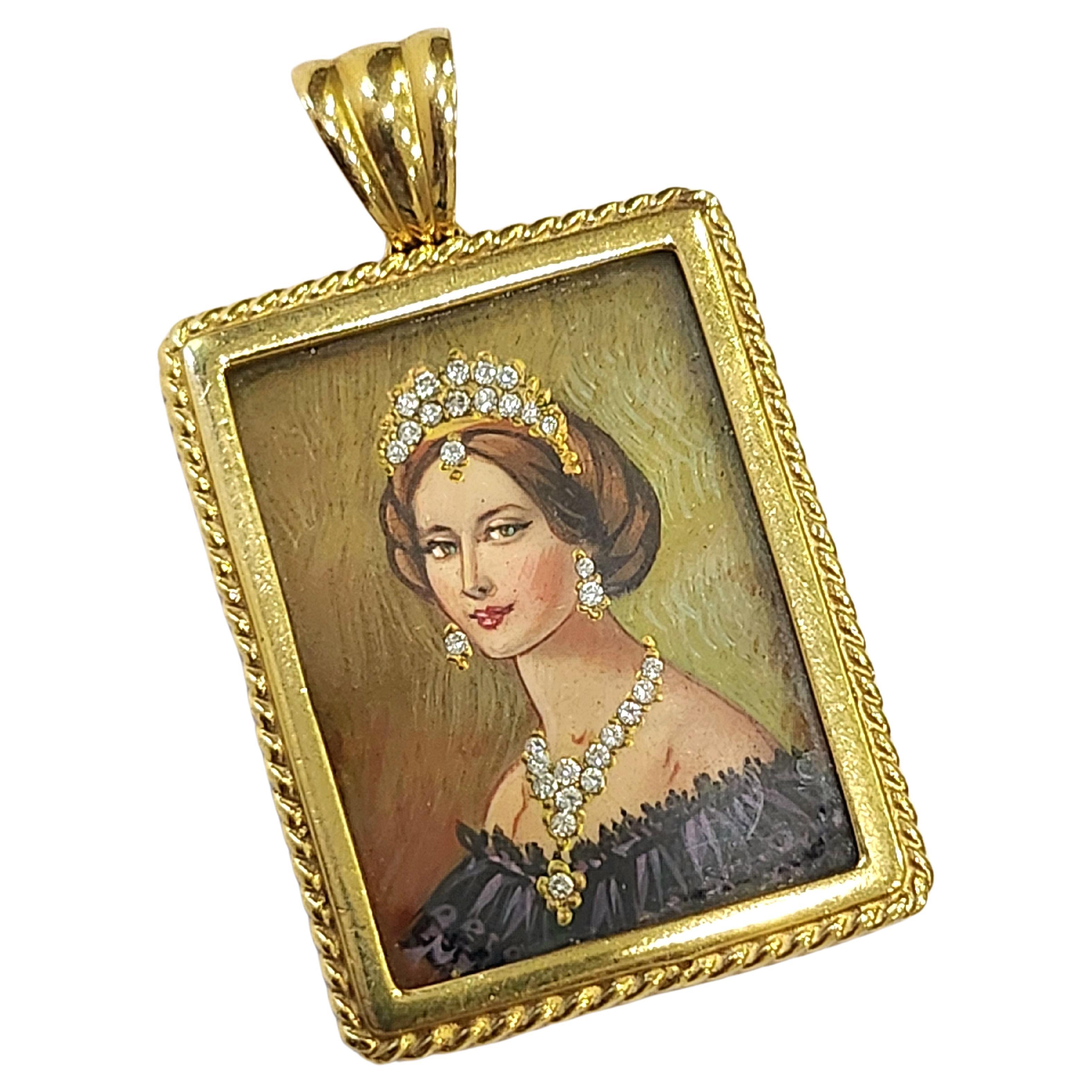 Antique Diamond Portrait Gold Pendant For Sale