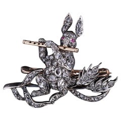 Antique Diamond Rabbit Brooch of Silver & 10k Gold