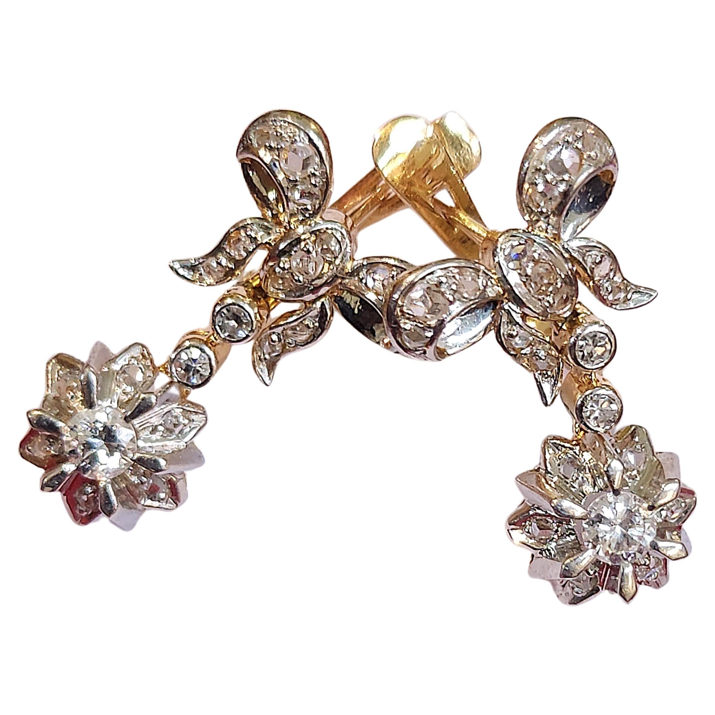 Antique Diamond Ribbon Gold Dangling Earrings In Excellent Condition For Sale In Cairo, EG