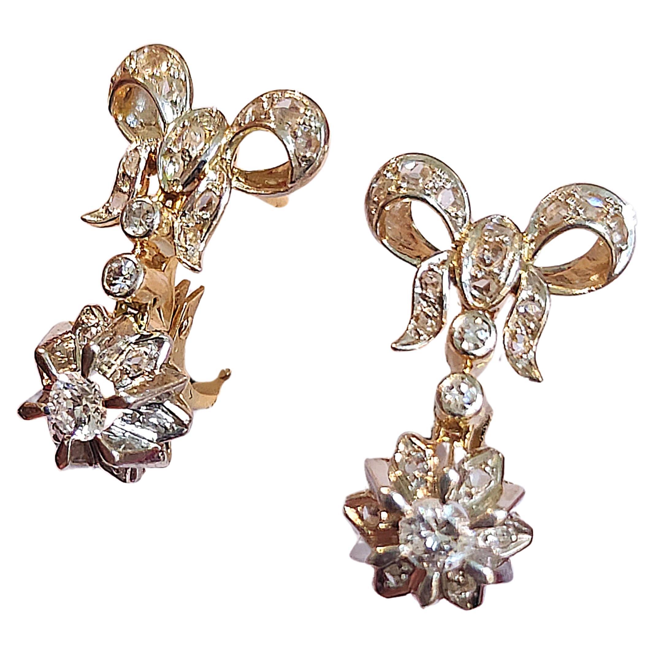 Women's Antique Diamond Ribbon Gold Dangling Earrings For Sale