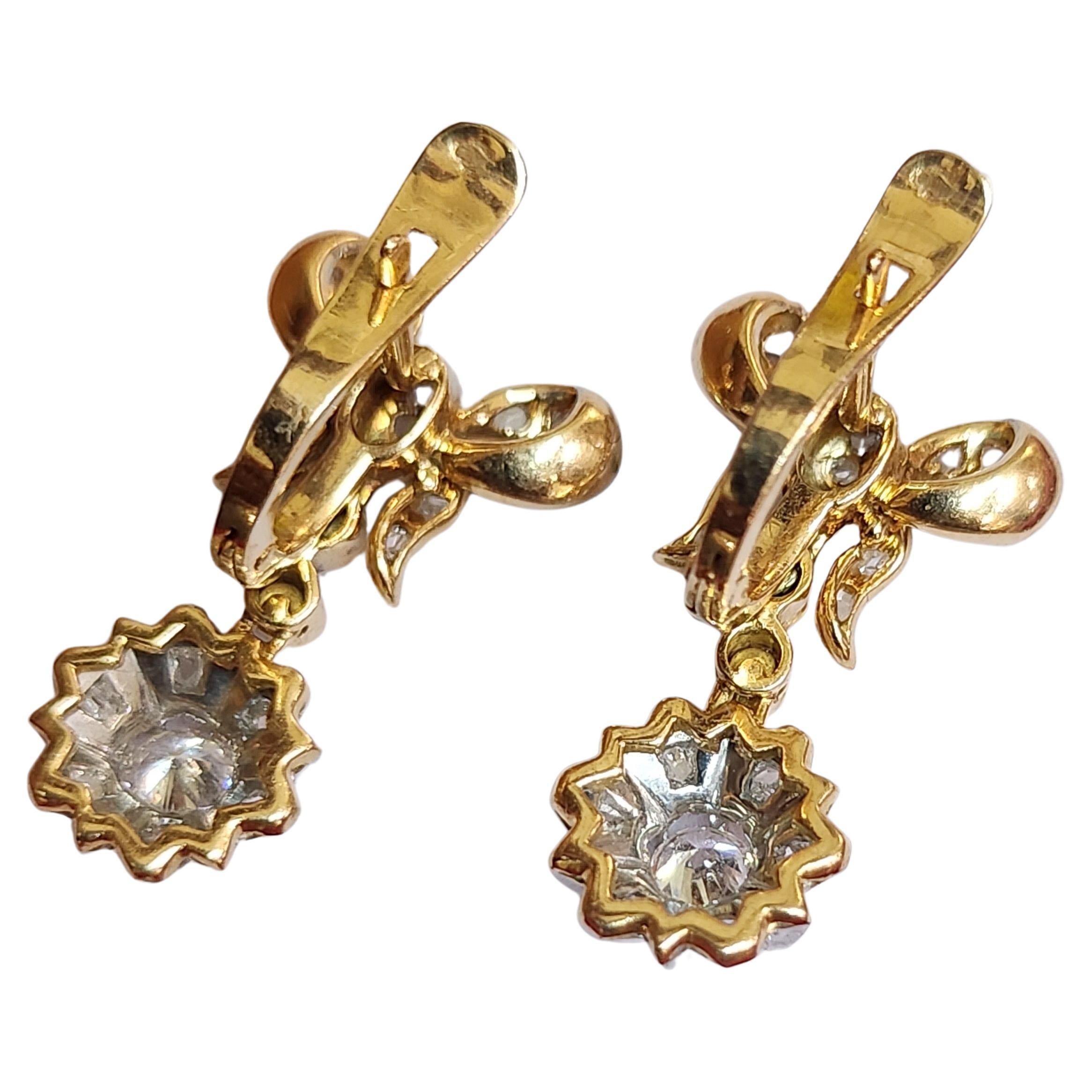 Antique Diamond Ribbon Gold Dangling Earrings For Sale 1