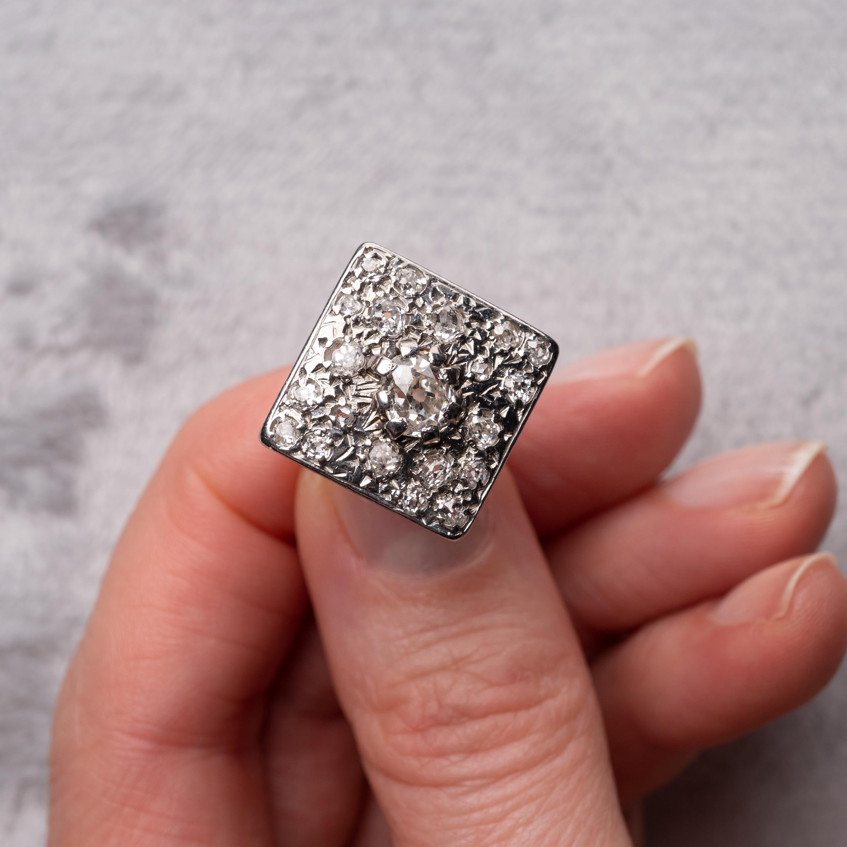 Art Deco Antique Diamond Ring 1.10 Carats Old Cut Diamonds, 18 Karat White Gold