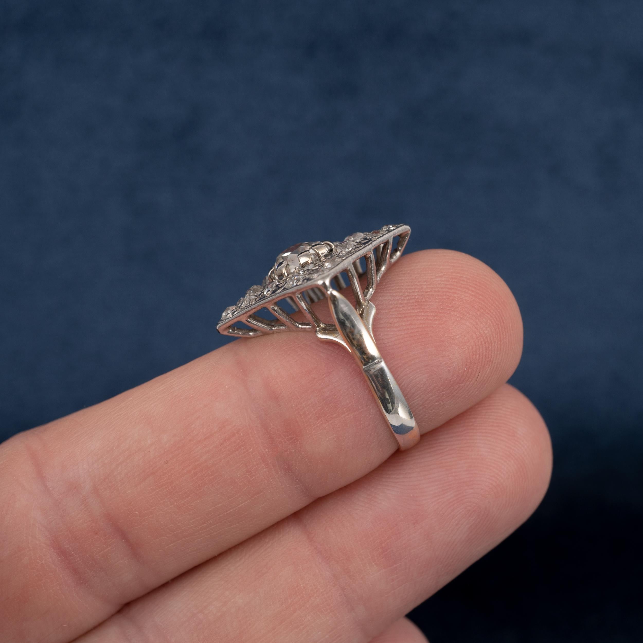 Women's Antique Diamond Ring 1.10 Carats Old Cut Diamonds, 18 Karat White Gold