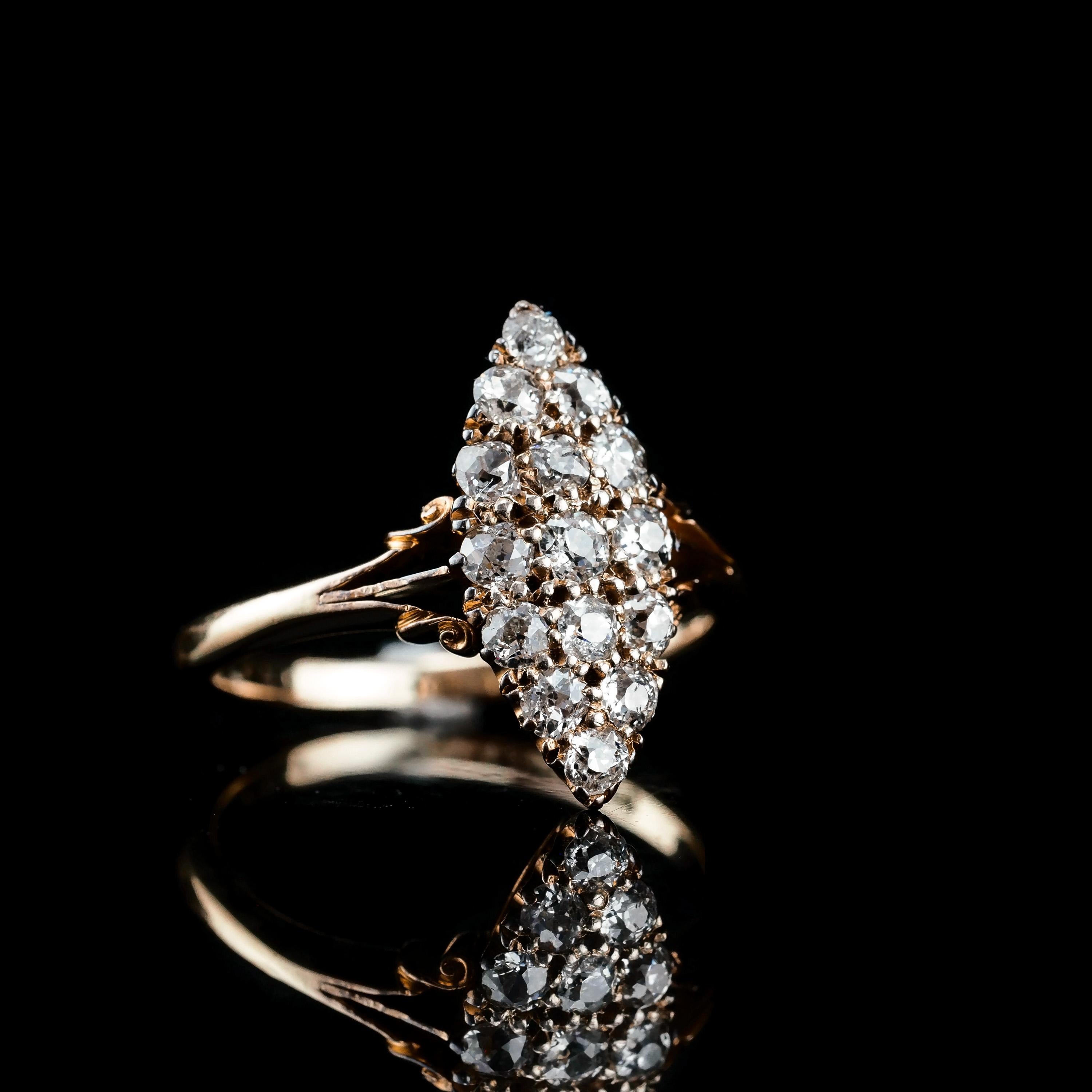 Antique Diamond Ring 18K Gold Navette/Cluster Design - c.1900s For Sale 1