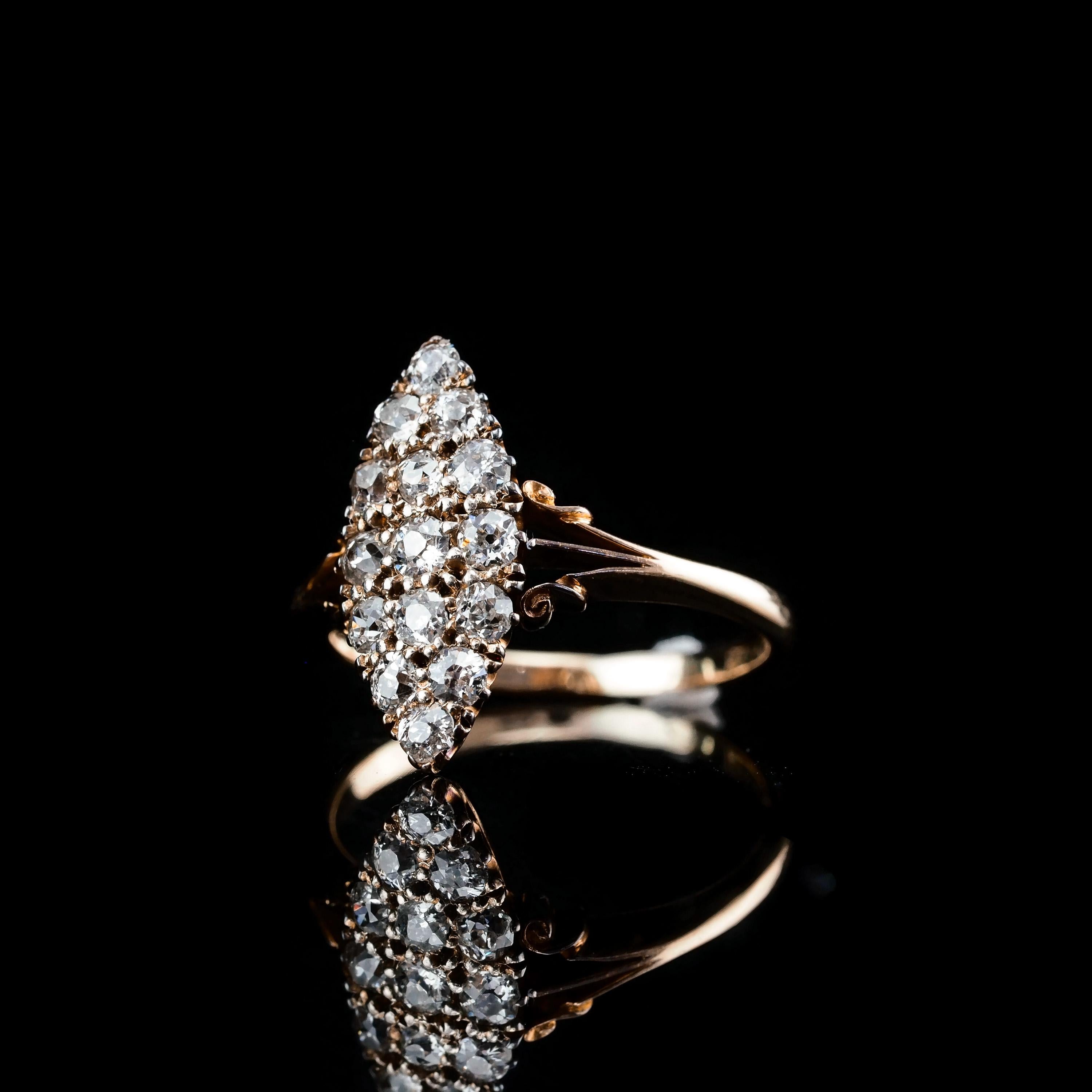 Antique Diamond Ring 18K Gold Navette/Cluster Design - c.1900s For Sale 4