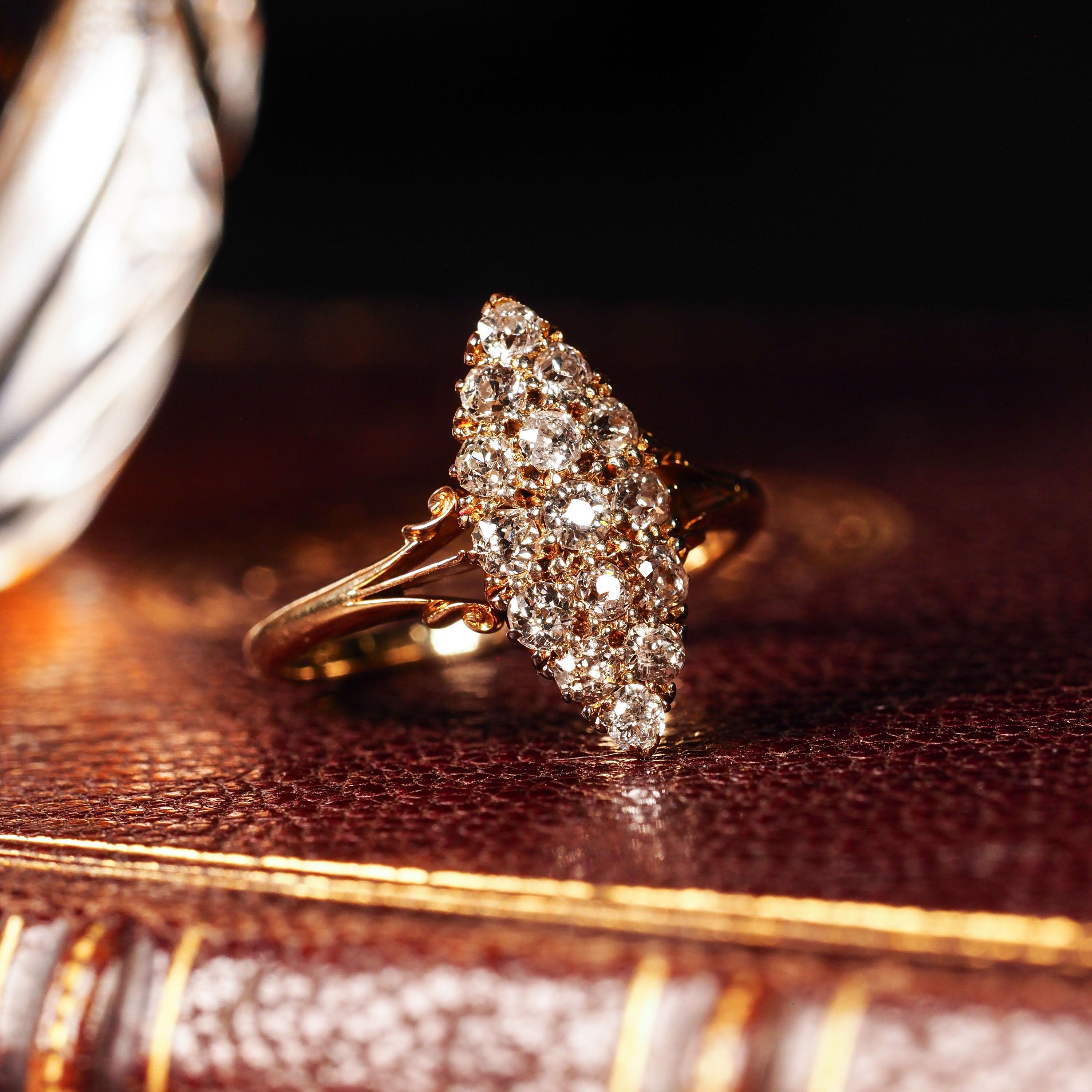 Antique Diamond Ring 18K Gold Navette/Cluster Design - c.1900s For Sale 8