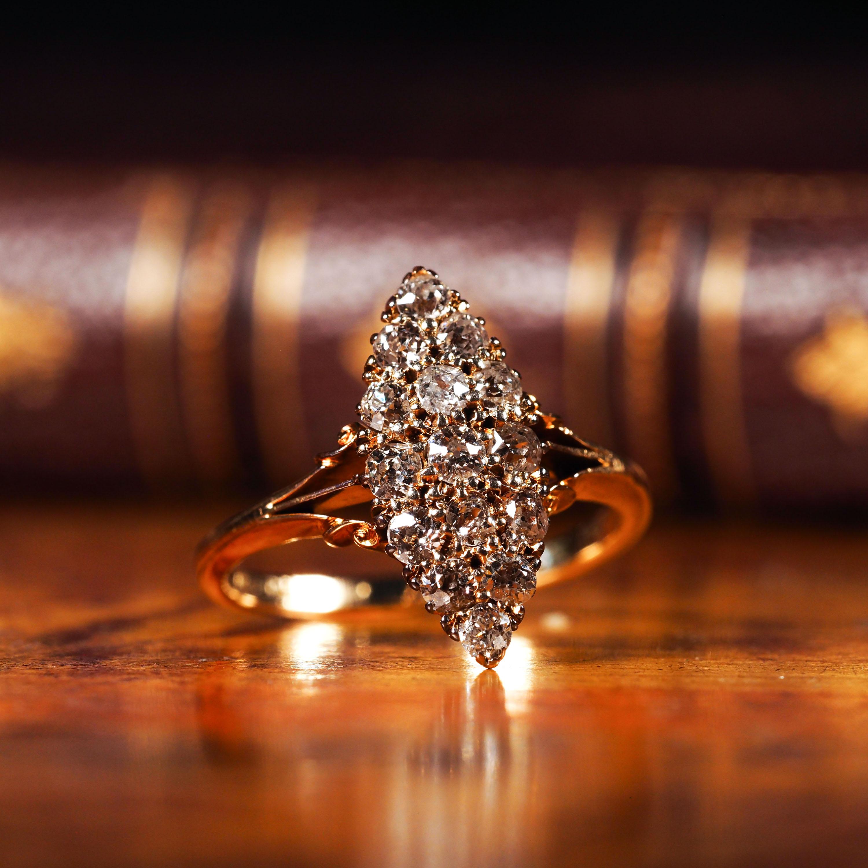 Antique Diamond Ring 18K Gold Navette/Cluster Design - c.1900s For Sale 9