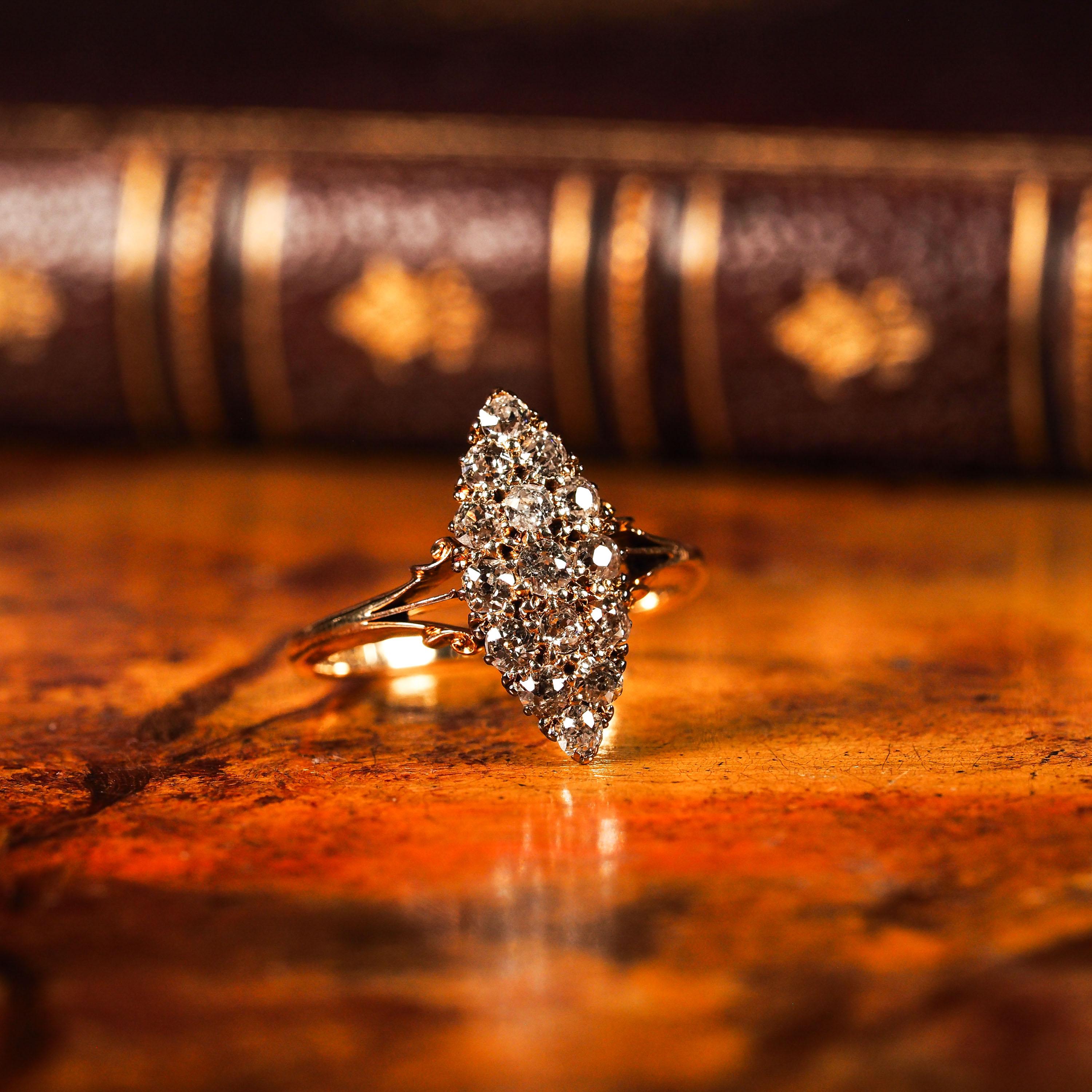 Antique Diamond Ring 18K Gold Navette/Cluster Design - c.1900s For Sale 11