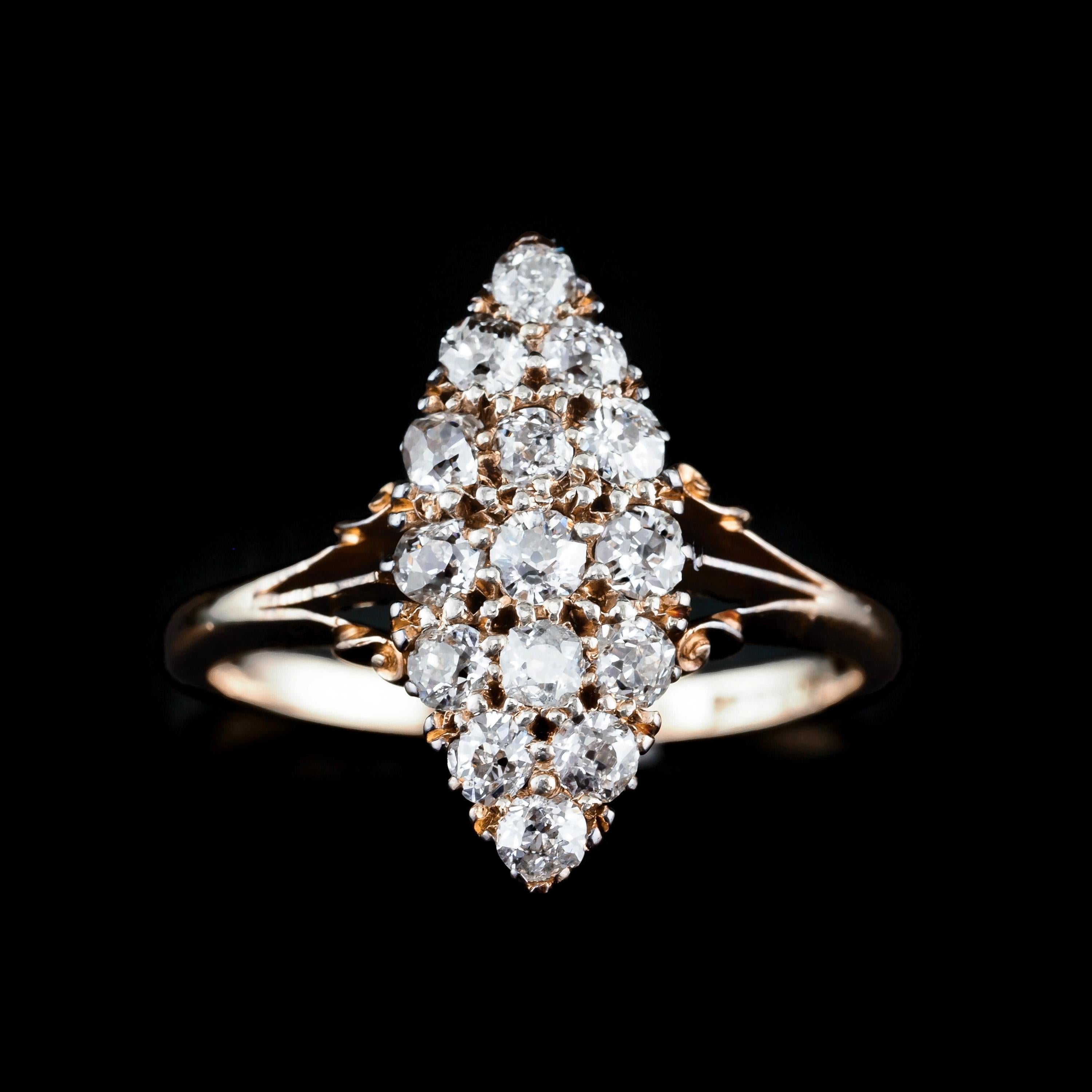 Victorian Antique Diamond Ring 18K Gold Navette/Cluster Design - c.1900s For Sale