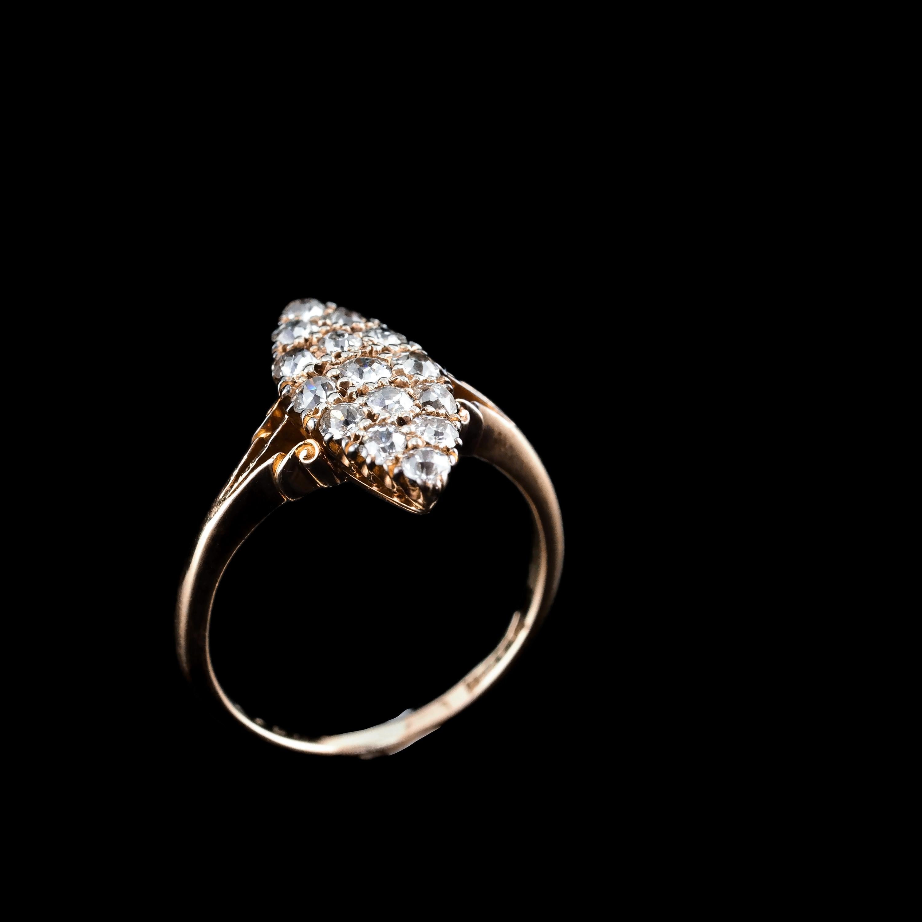 Old European Cut Antique Diamond Ring 18K Gold Navette/Cluster Design - c.1900s For Sale