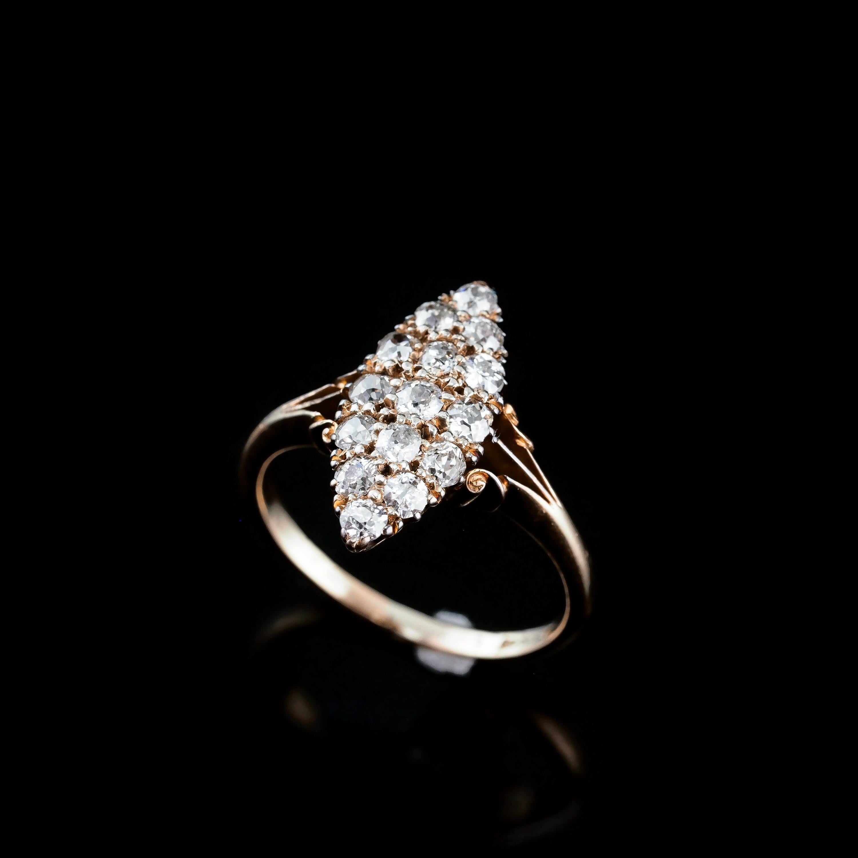 Women's or Men's Antique Diamond Ring 18K Gold Navette/Cluster Design - c.1900s For Sale