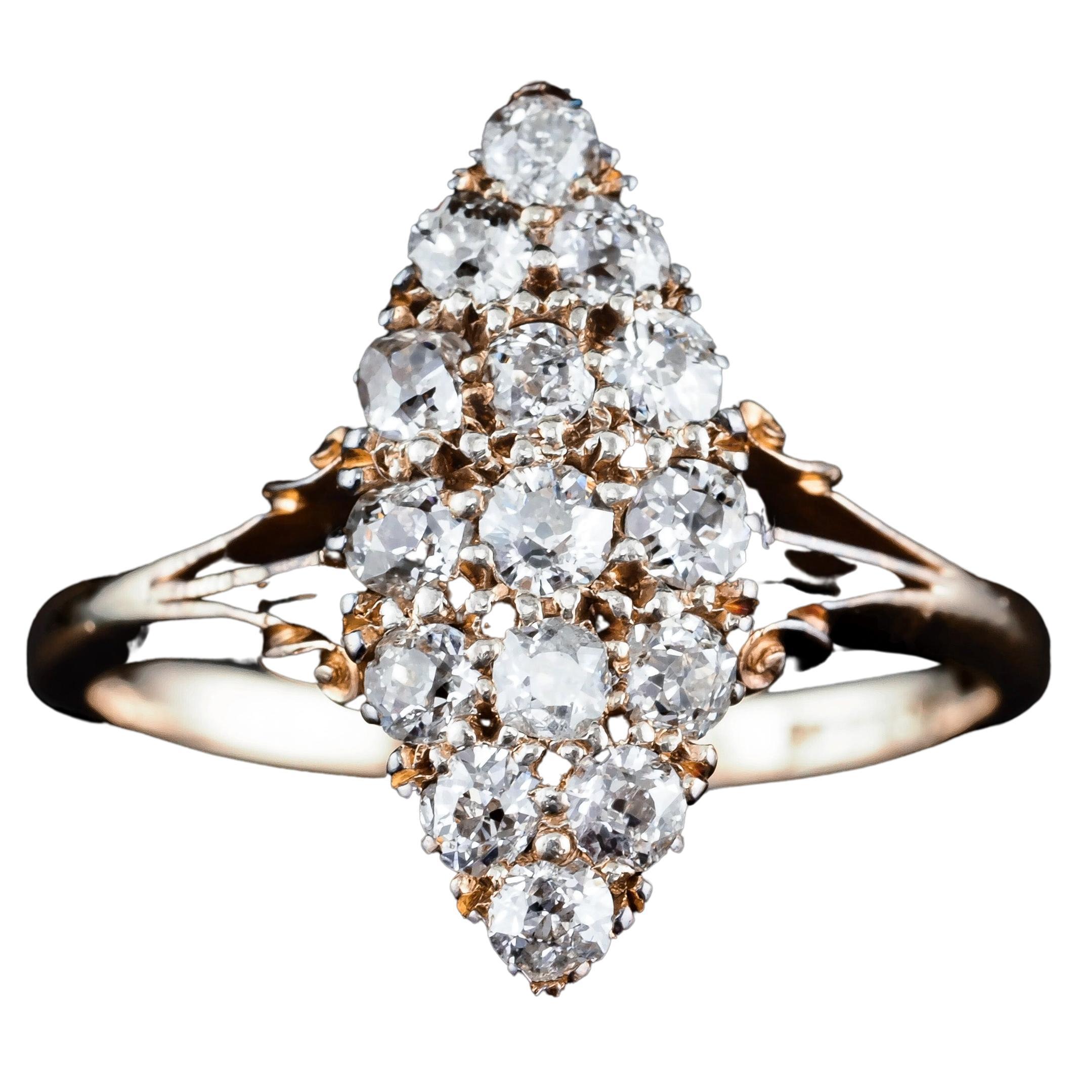 Antique Diamond Ring 18K Gold Navette/Cluster Design - c.1900s For Sale
