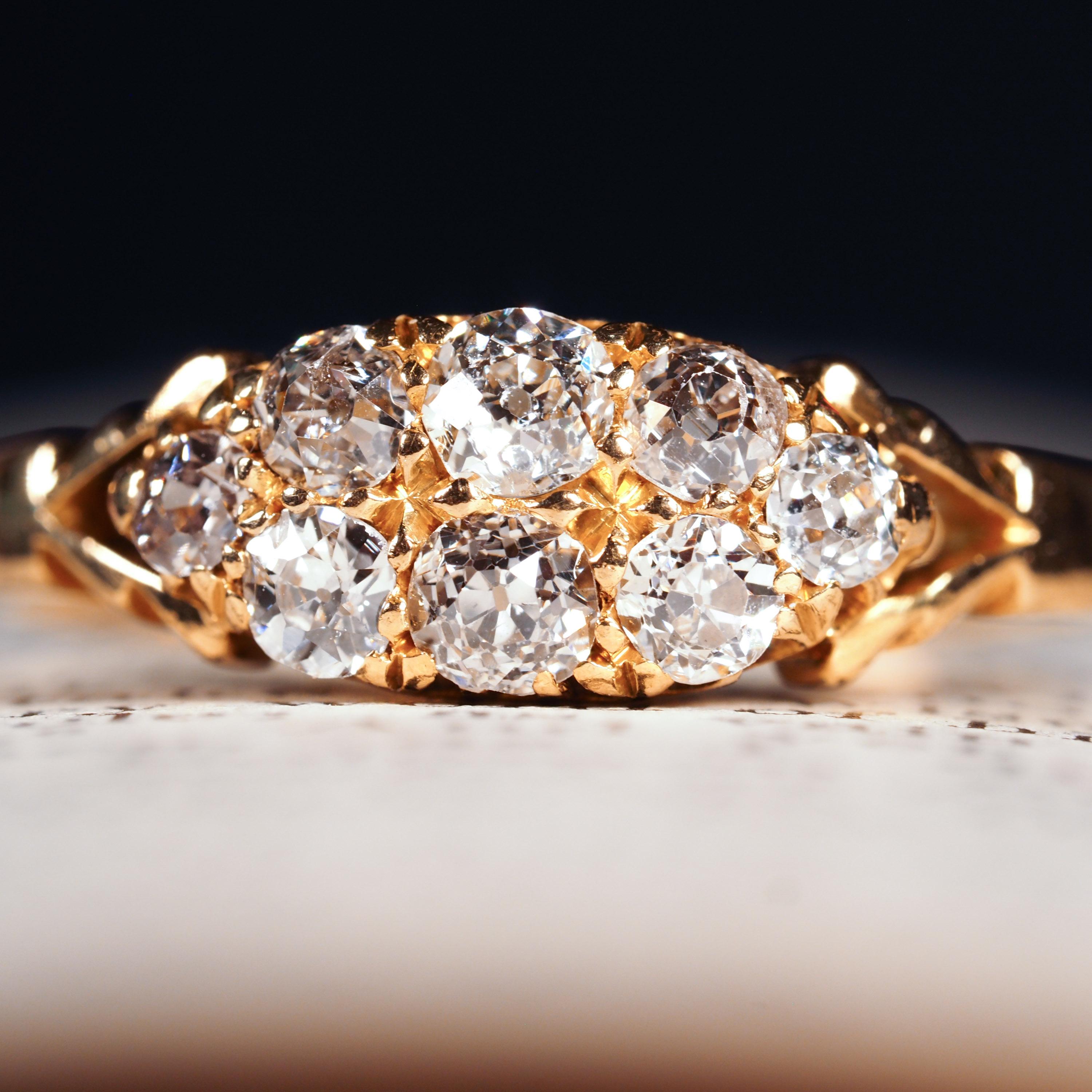 We are delighted to offer this sparkling antique diamond 18ct gold ring made in Birmingham 1897. 
 
Distinguished in style and made in the late Victorian period, this ring features not only lovely diamonds but fine goldsmithing of the period that