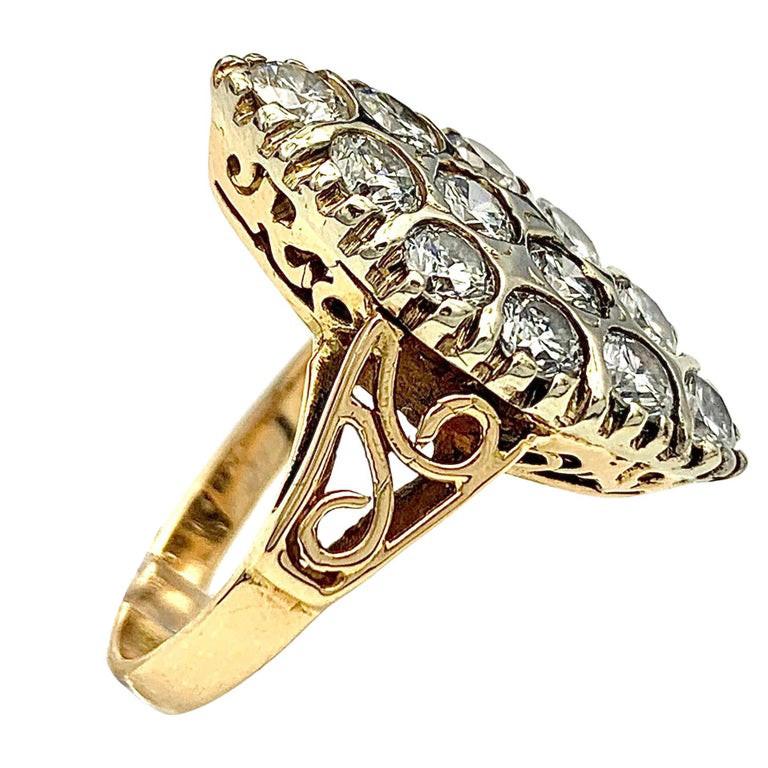 Round Cut Antique Diamond Ring RedYellow Gold Lozenge Shape Cluster Ring For Sale
