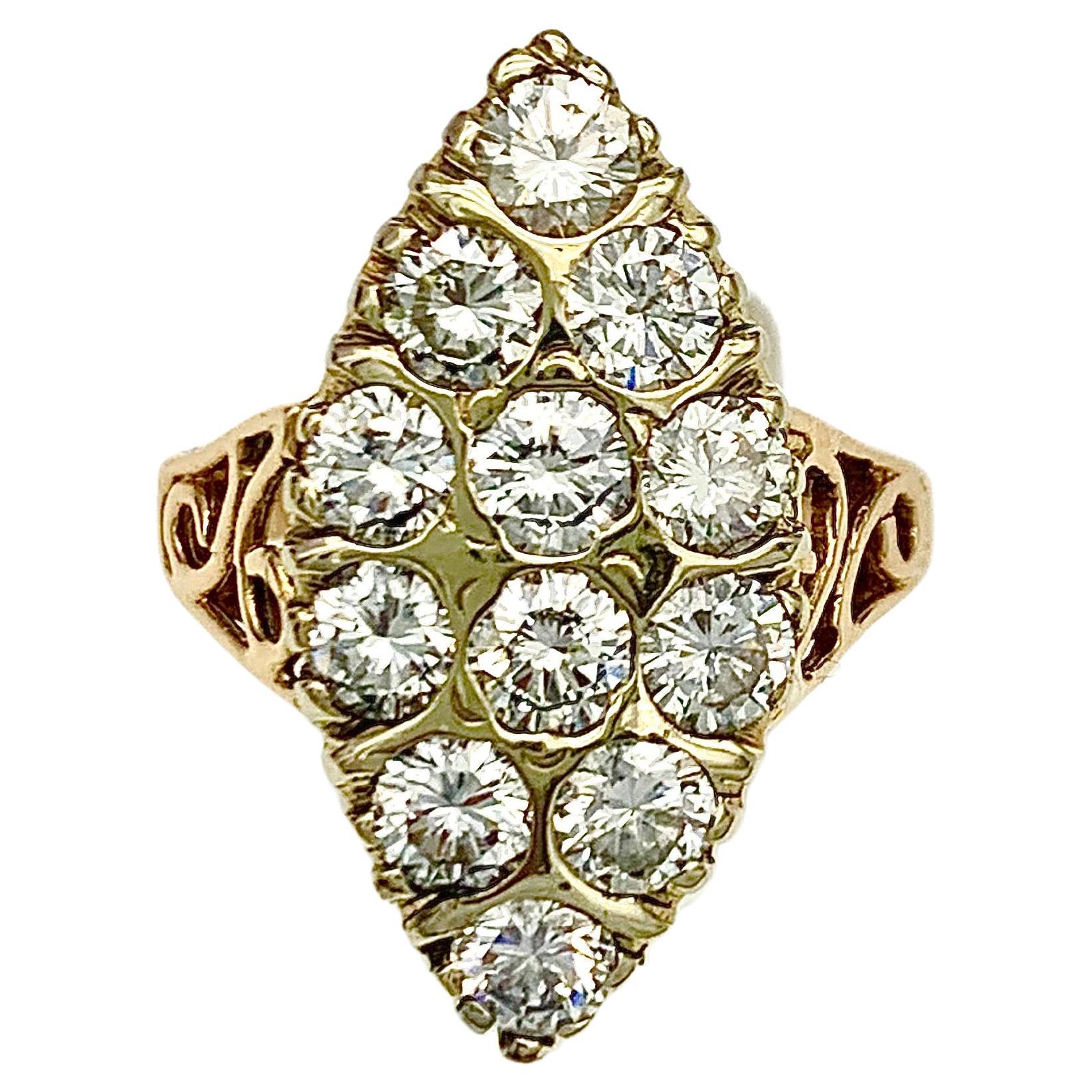 Antique Diamond Ring RedYellow Gold Lozenge Shape Cluster Ring For Sale