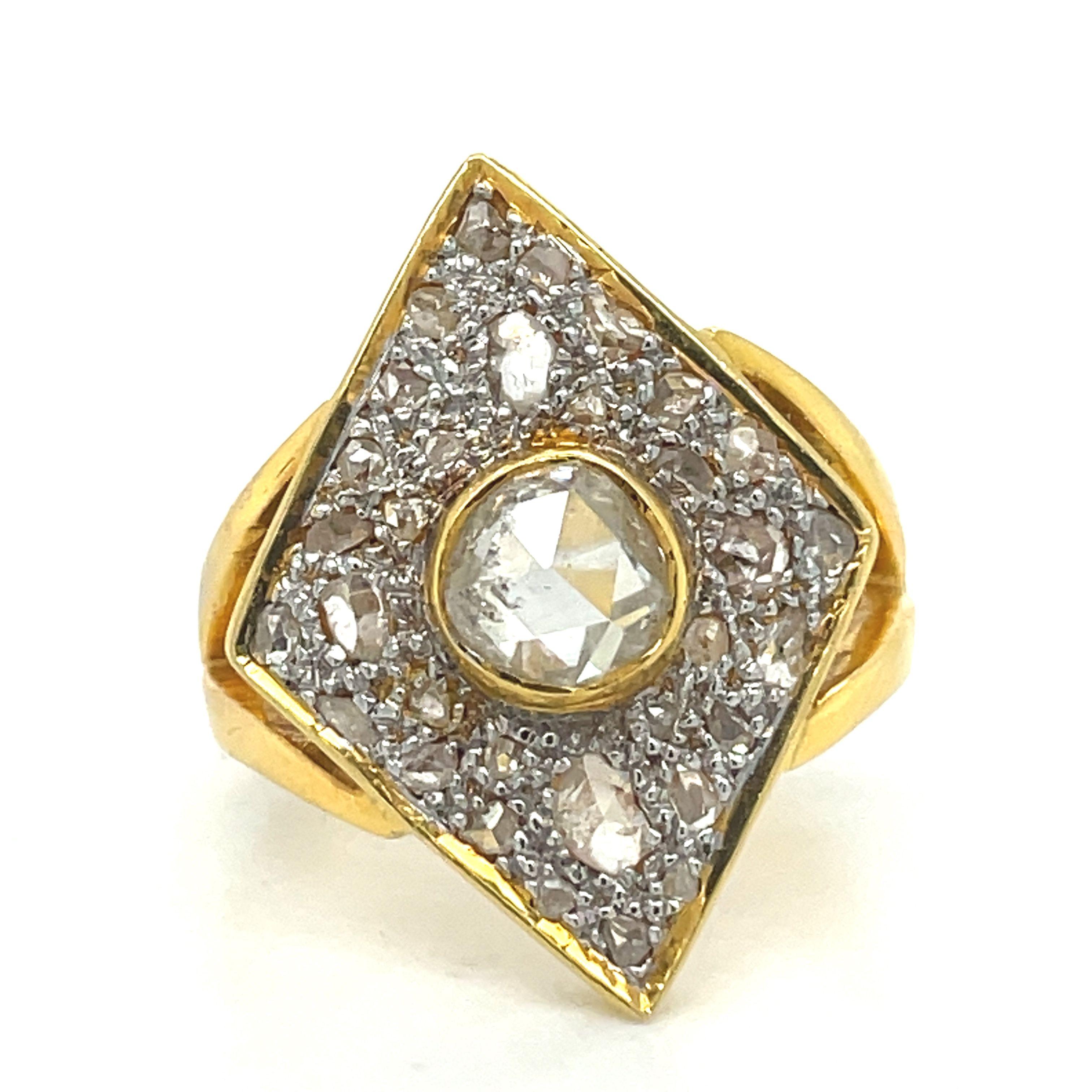 Art Deco Antique diamond ring, Rhombus Vintage ring, 1.5ct Antique rose cut diamonds, 18K For Sale