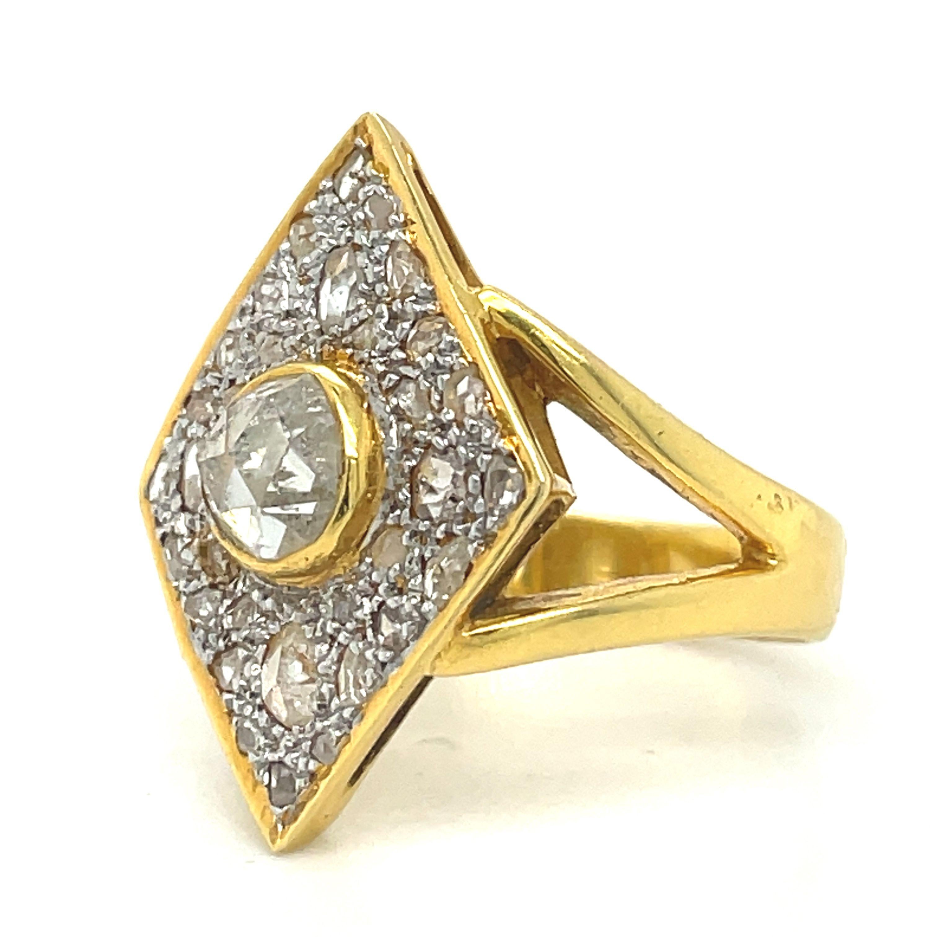 Rose Cut Antique diamond ring, Rhombus Vintage ring, 1.5ct Antique rose cut diamonds, 18K For Sale