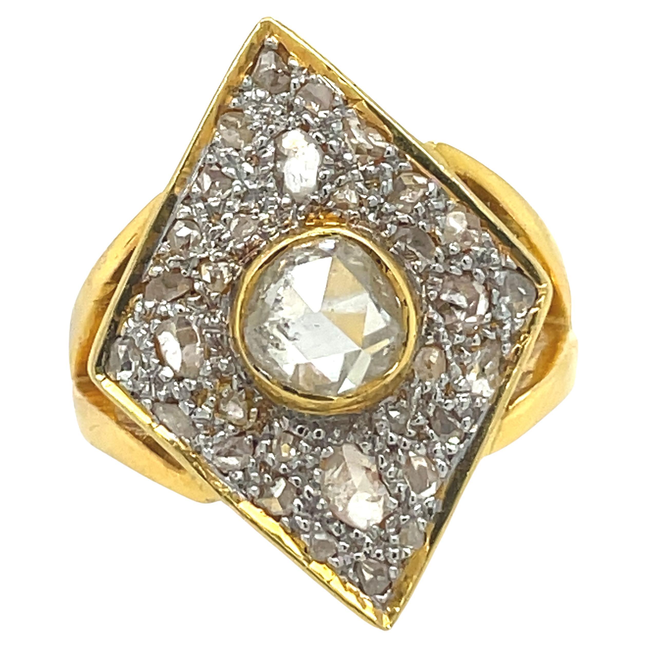 Antique diamond ring, Rhombus Vintage ring, 1.5ct Antique rose cut diamonds, 18K For Sale