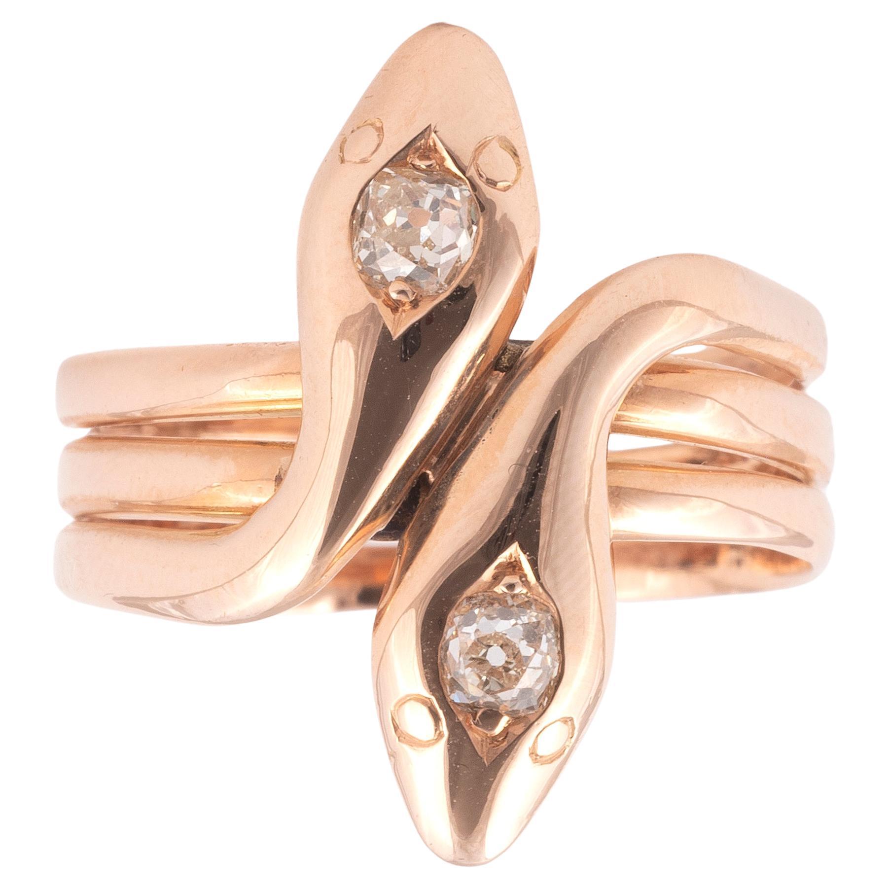 Antique Diamond Rose Gold Twin Snake Ring For Sale