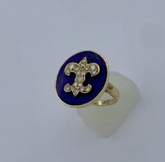 Antique Diamond Royal Blue Enamel Fleurs De Lis Ring 14 Karat Yellow Gold