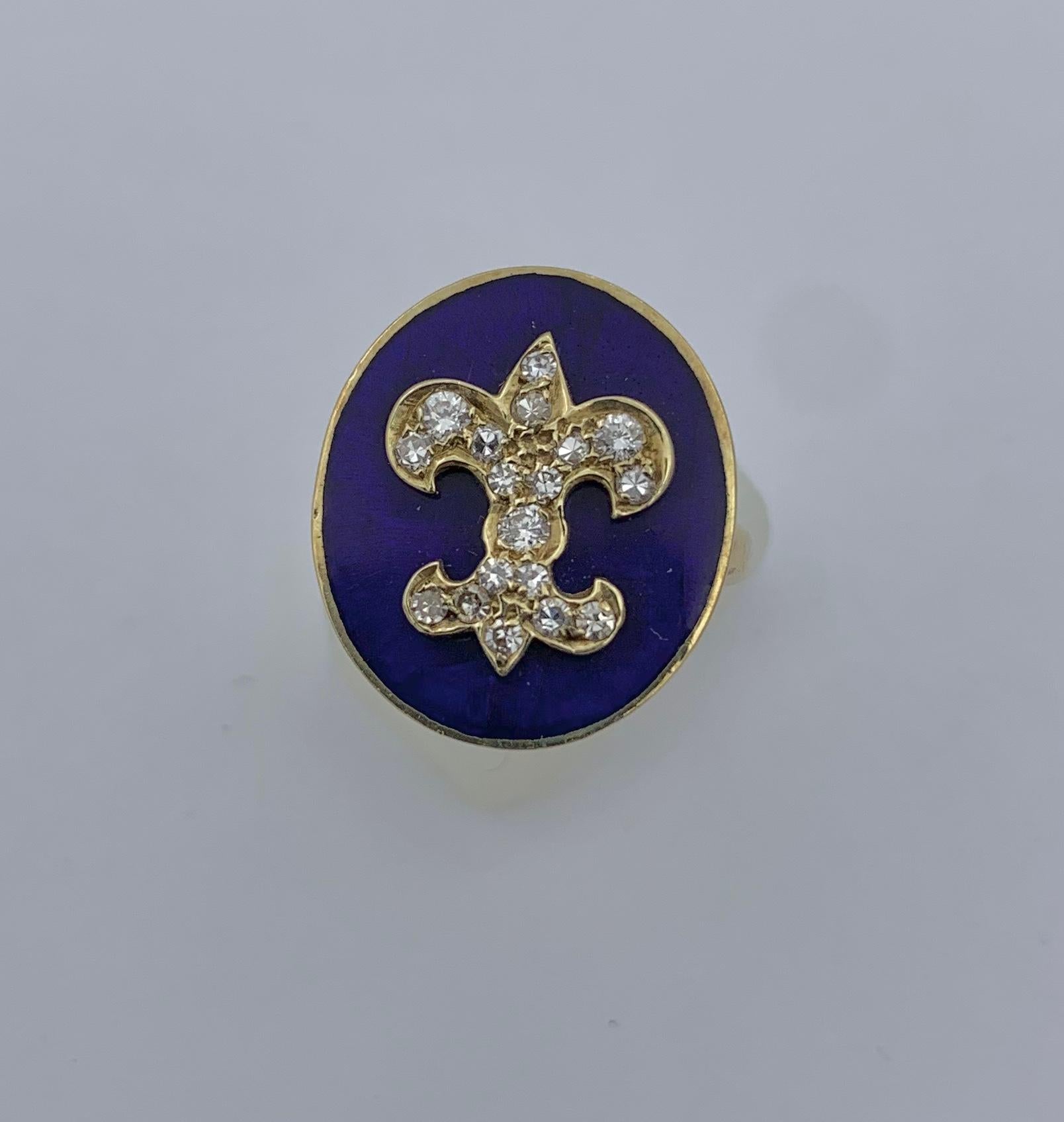 Femenino o masculino Anillo Antiguo Diamante Real Esmalte Azul Flores de Lis Oro Amarillo 14 Kilates en venta