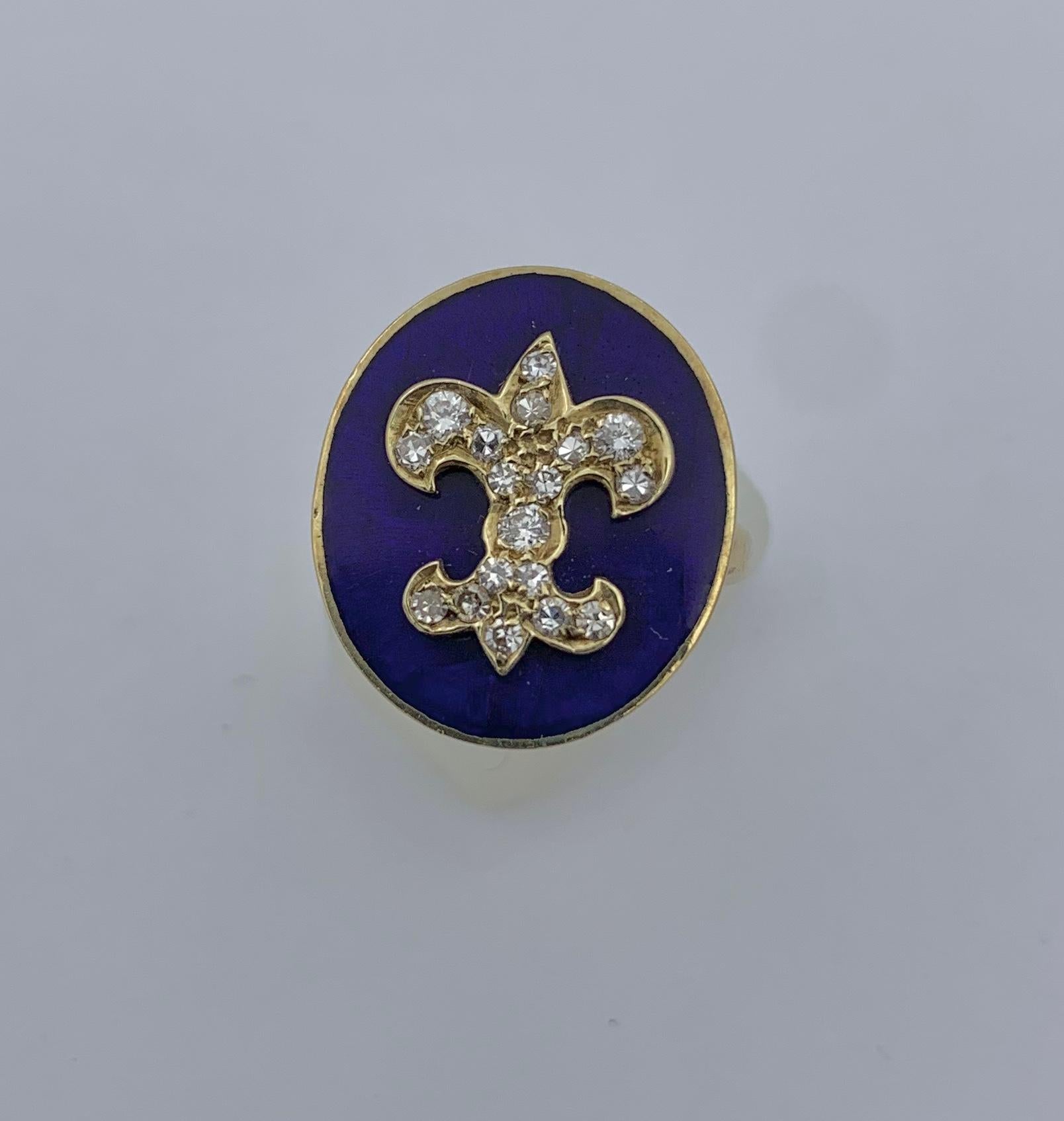 Victorian Antique Diamond Royal Blue Enamel Fleurs De Lis Ring 14 Karat Gold For Sale