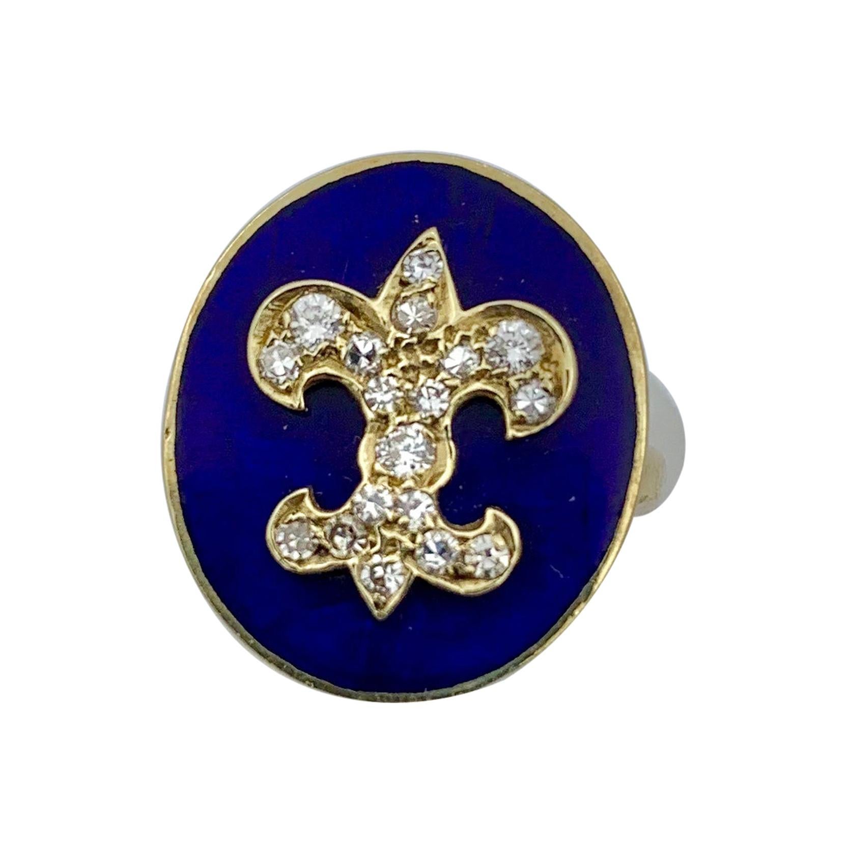 Antique Diamond Royal Blue Enamel Fleurs De Lis Ring 14 Karat Gold For Sale