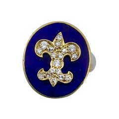 Anello antico con diamante e smalto blu reale Fleurs De Lis, oro giallo 14 carati